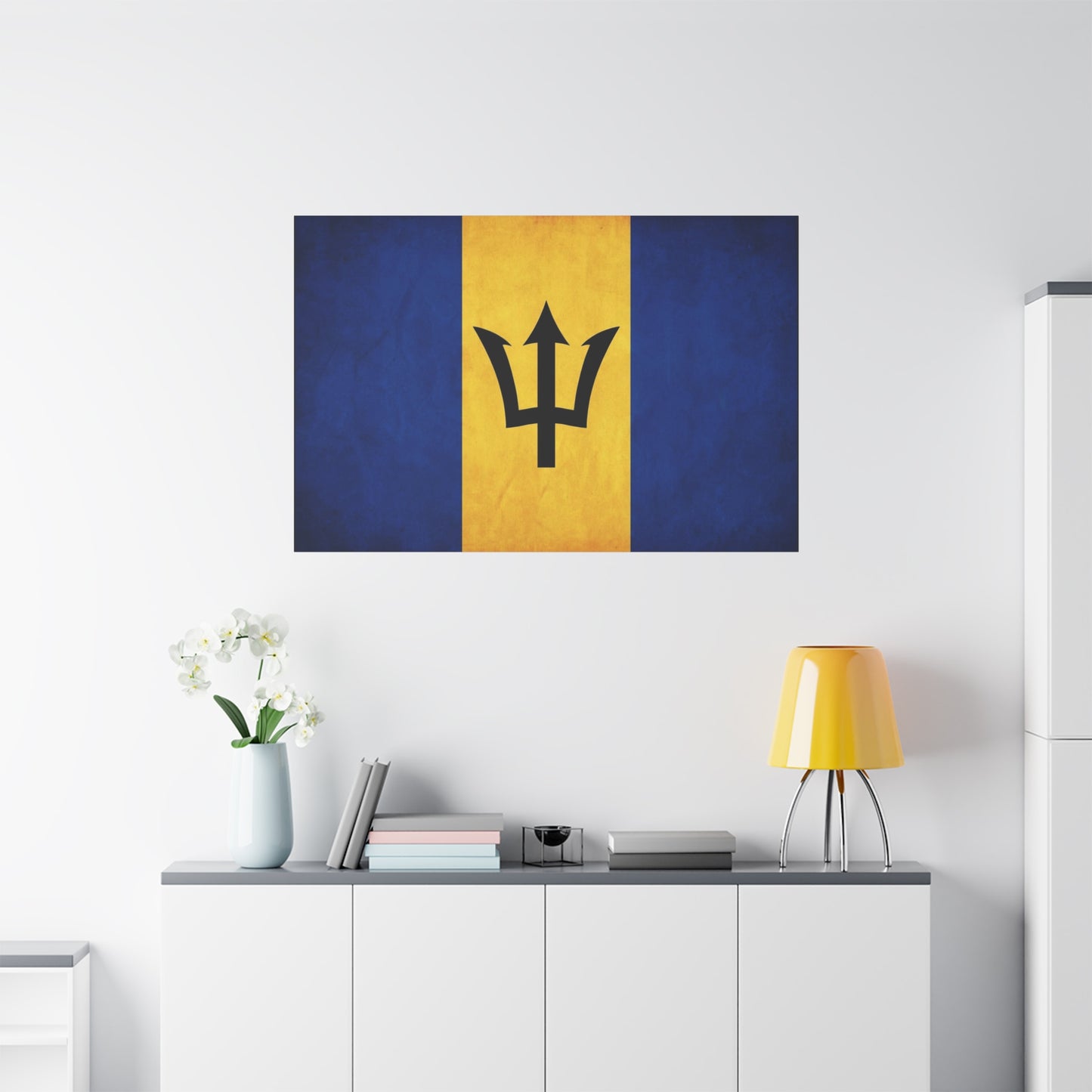 Barbados Flag Canvas Wall Art - Blue Gold Trident National Print, Caribbean Island Decor - Matte Cotton Artwork - Living Room Wall Decor, Office Accent - Bedroom Home Decoration - Ready to Hang