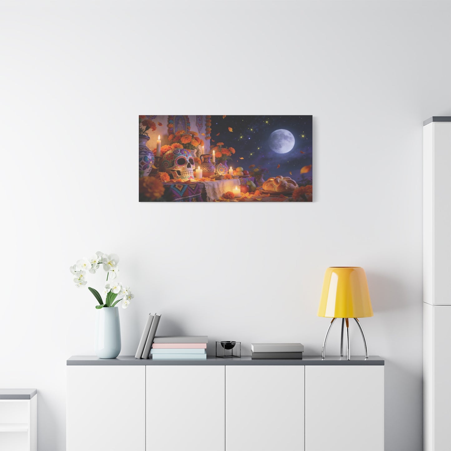 Day Of The Dead Altar Canvas Wall Art - Sugar Skull, Marigolds, Candles, Full Moon - Traditional Folk Style - Living Room Wall Decor, Dining Room Accent, Bedroom Home Decoration - Ready to Hang