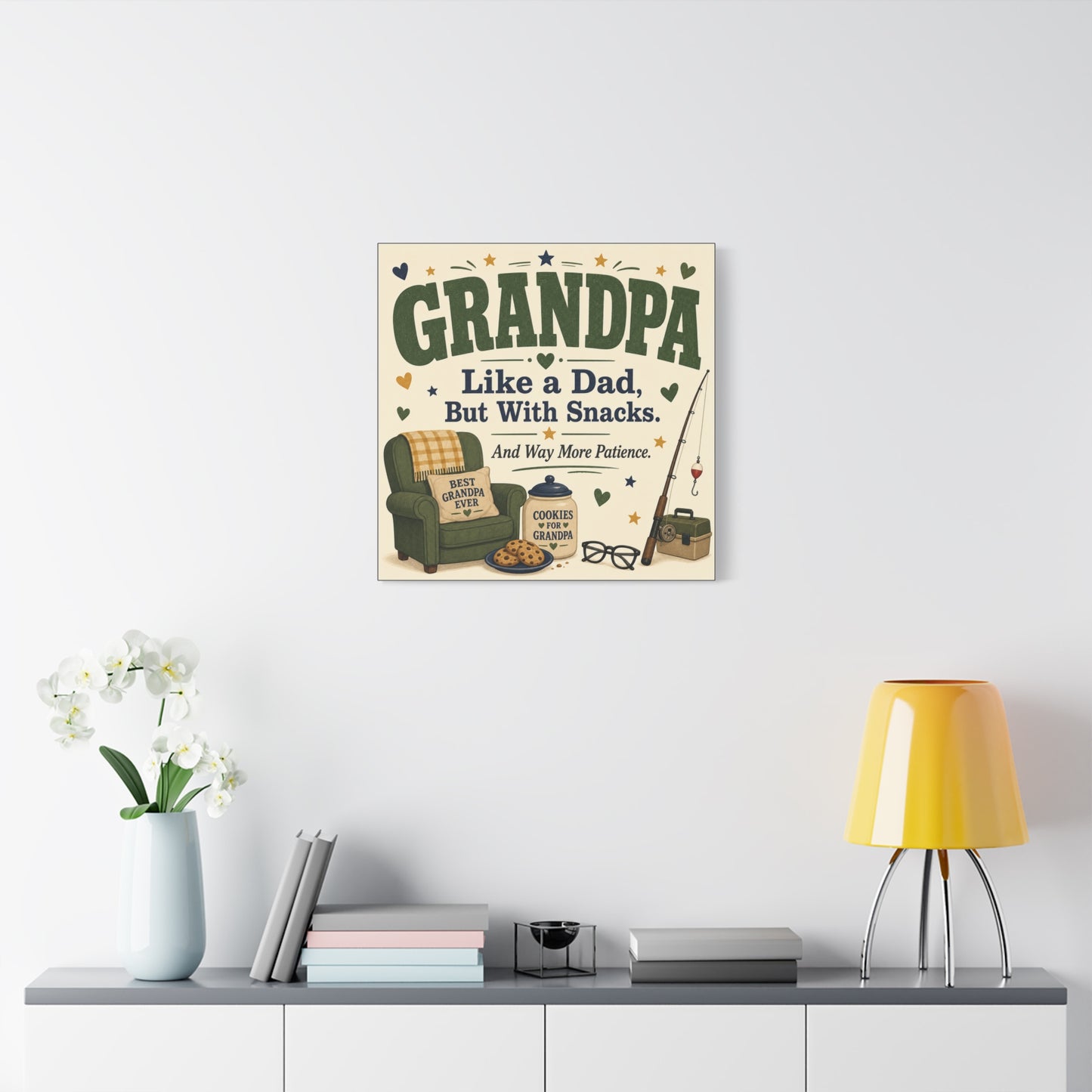 "Grandpa Like A Dad, But With Snacks. And Way More Patience." Canvas Wall Art - Rustic Typography Grandpa Quote Print, Farmhouse Living Room Decor - Office Wall Art - Bedroom Home Decoration