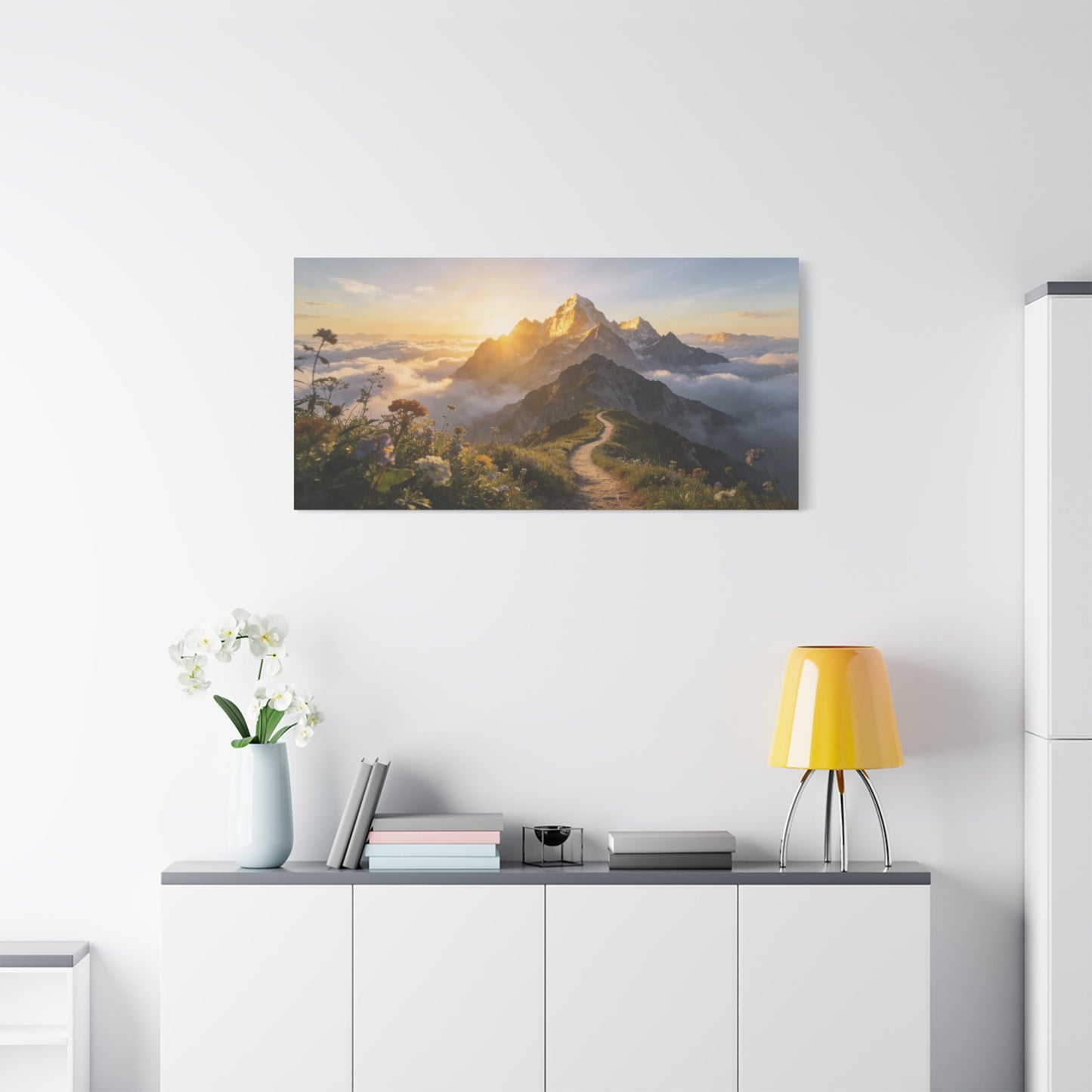 Mountain Sunrise Canvas Wall Art - Alpine Path, Wildflower Meadow, Golden Peak Landscape Print - Matte Scenic Nature Decor - Living Room Wall Decor, Bedroom Home Decoration - Bedroom Home Decoration