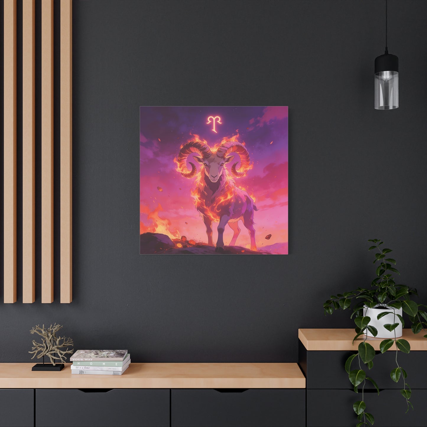 Aries Ram Canvas Wall Art - Fiery Zodiac Illustration, Purple Pink Flame Sky, Matte Canvas Print, Modern Fantasy Style, Bedroom Wall Decor, Home Office Accent, Statement Piece For Astrology Lovers