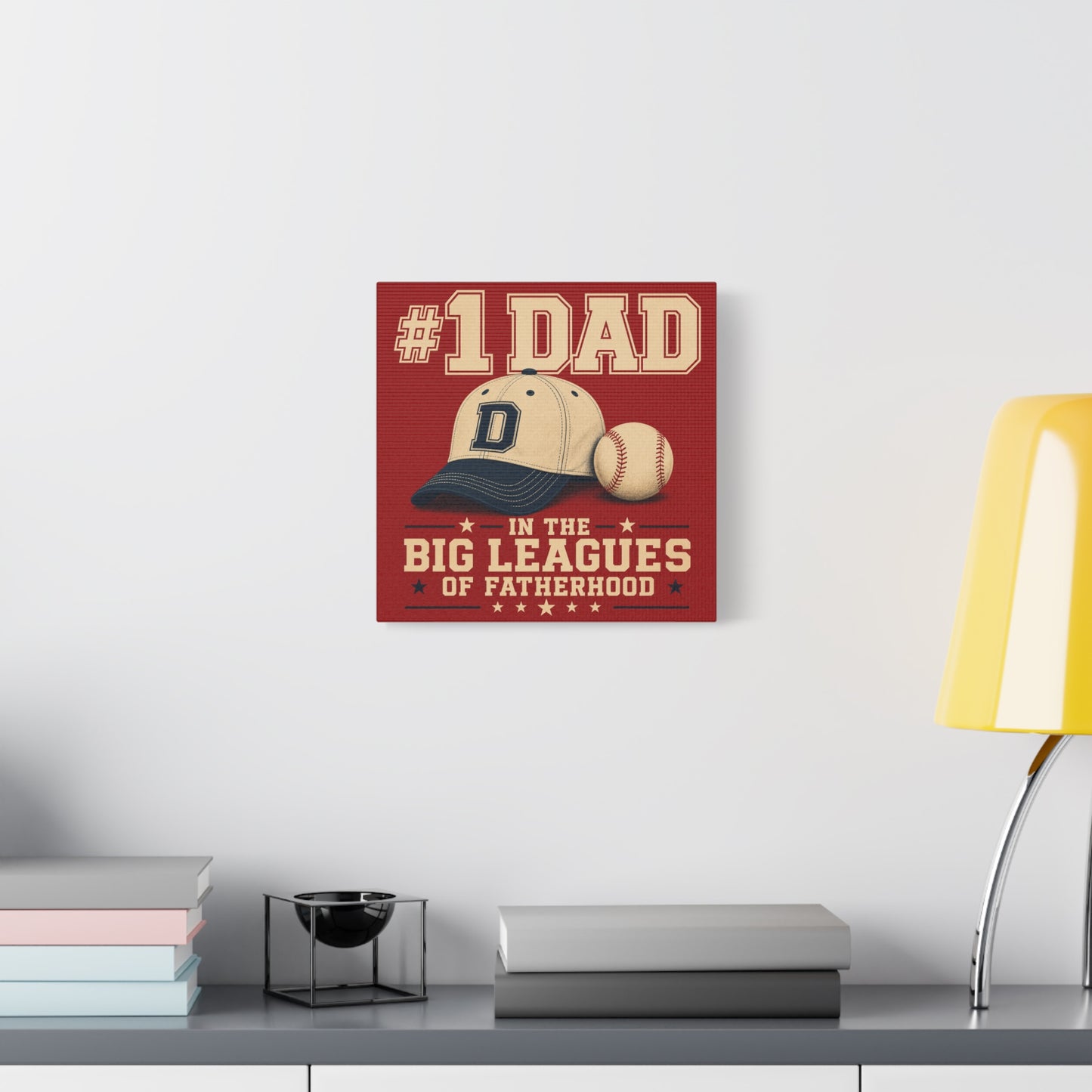 "#1 Dad In The Big Leagues Of Fatherhood" Baseball Canvas Wall Art - Vintage Sports Typography, Cap And Ball Illustration - Rustic Americana Style - Living Room Wall Decor - Bedroom Home Decoration