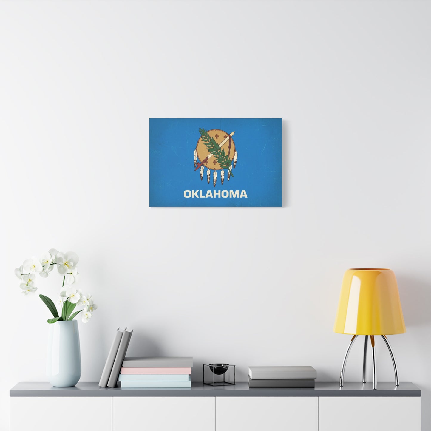 "OKLAHOMA" State Flag Canvas Wall Art - Vintage Blue Shield, Olive Branch And Peace Pipe Print - Rustic Americana Style - Living Room Decor, Office Wall Accent - Ready to Hang - Modern Farmhouse Style