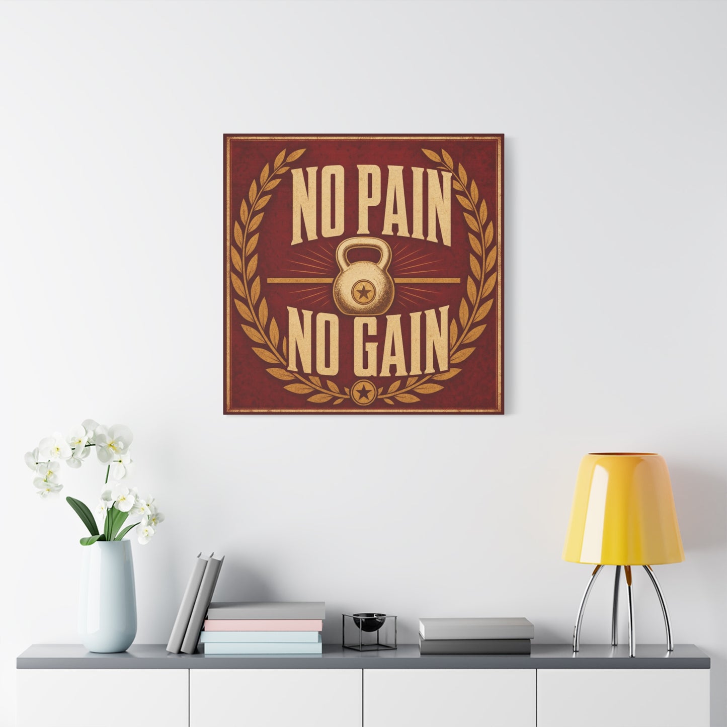 "No Pain No Gain" Kettlebell Canvas Wall Art - Vintage Gym Quote Decor, Rustic Typography Print, Motivational Fitness Poster Style - Room Decoration - Ready to Hang - Gym Wall Decor - HP Latex Print