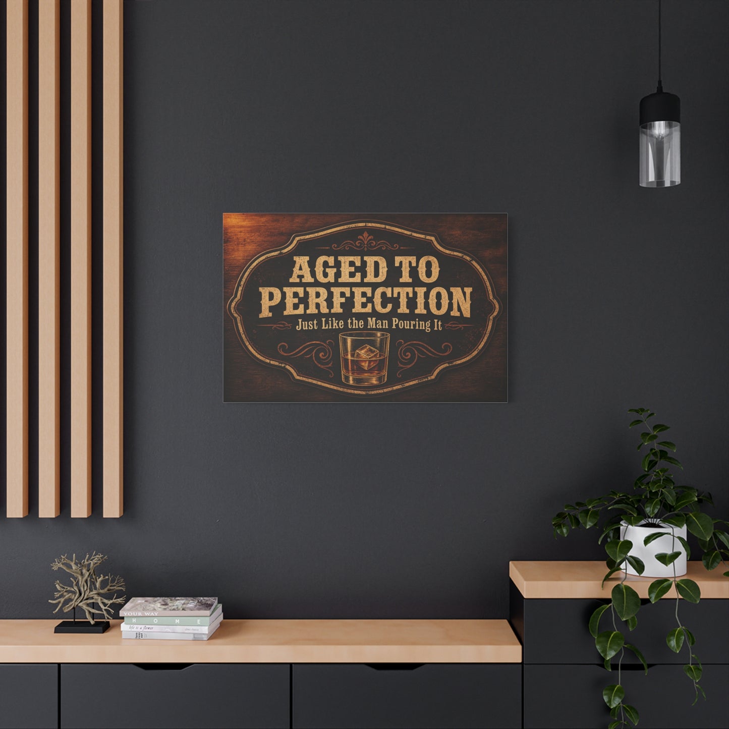 "Aged To Perfection Just Like The Man Pouring It" Whiskey Canvas Wall Art - Vintage Bar Quote Decor, Old Fashioned Glass Illustration - Office Wall Art - Ready to Hang - Cocktail Lounge Decor