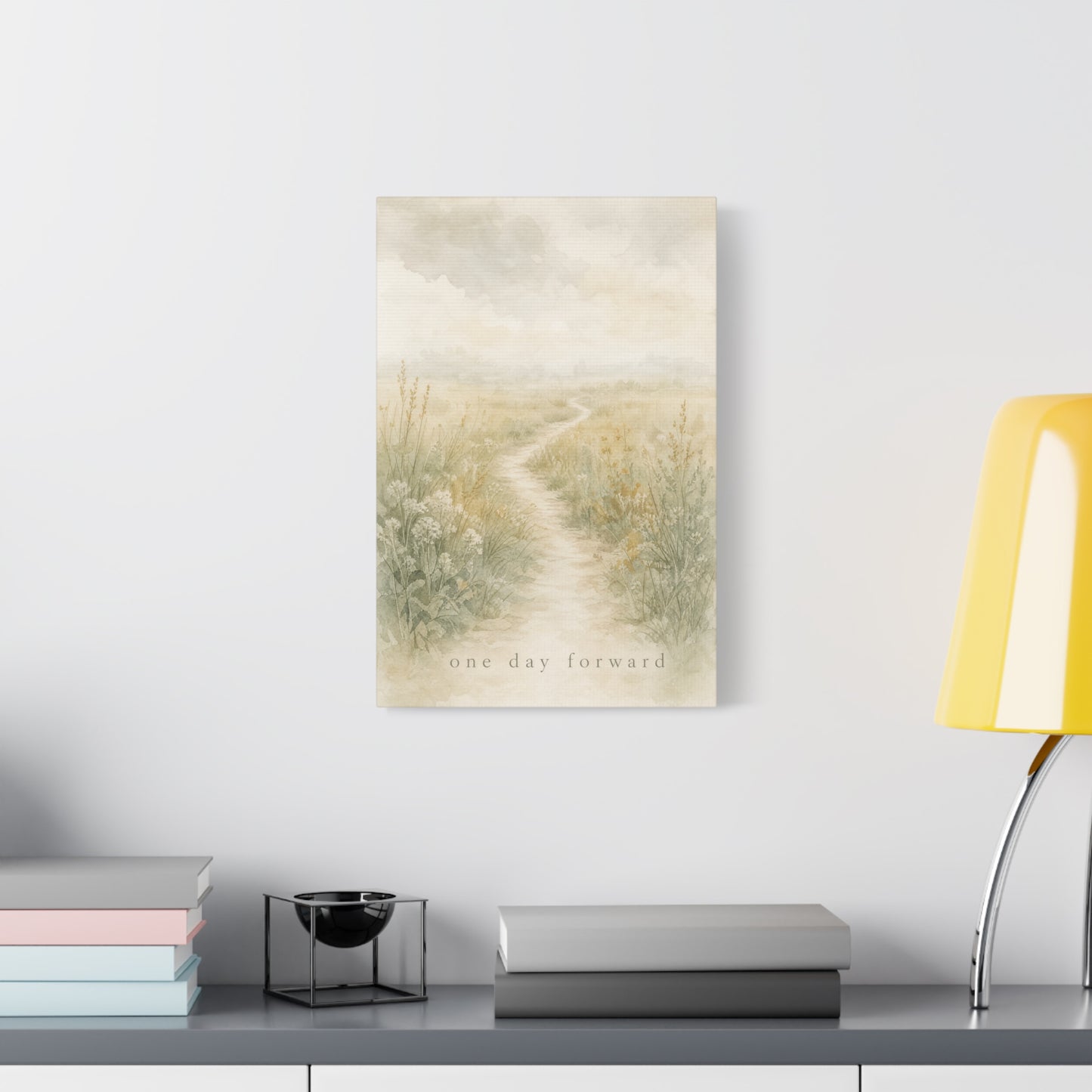 "One Day Forward" Inspirational Canvas Wall Art - Soft Meadow Path Watercolor Print, Neutral Sage Beige Botanical Landscape, Bedroom Wall Decor, Meditation Space Home Decoration - Ready to Hang