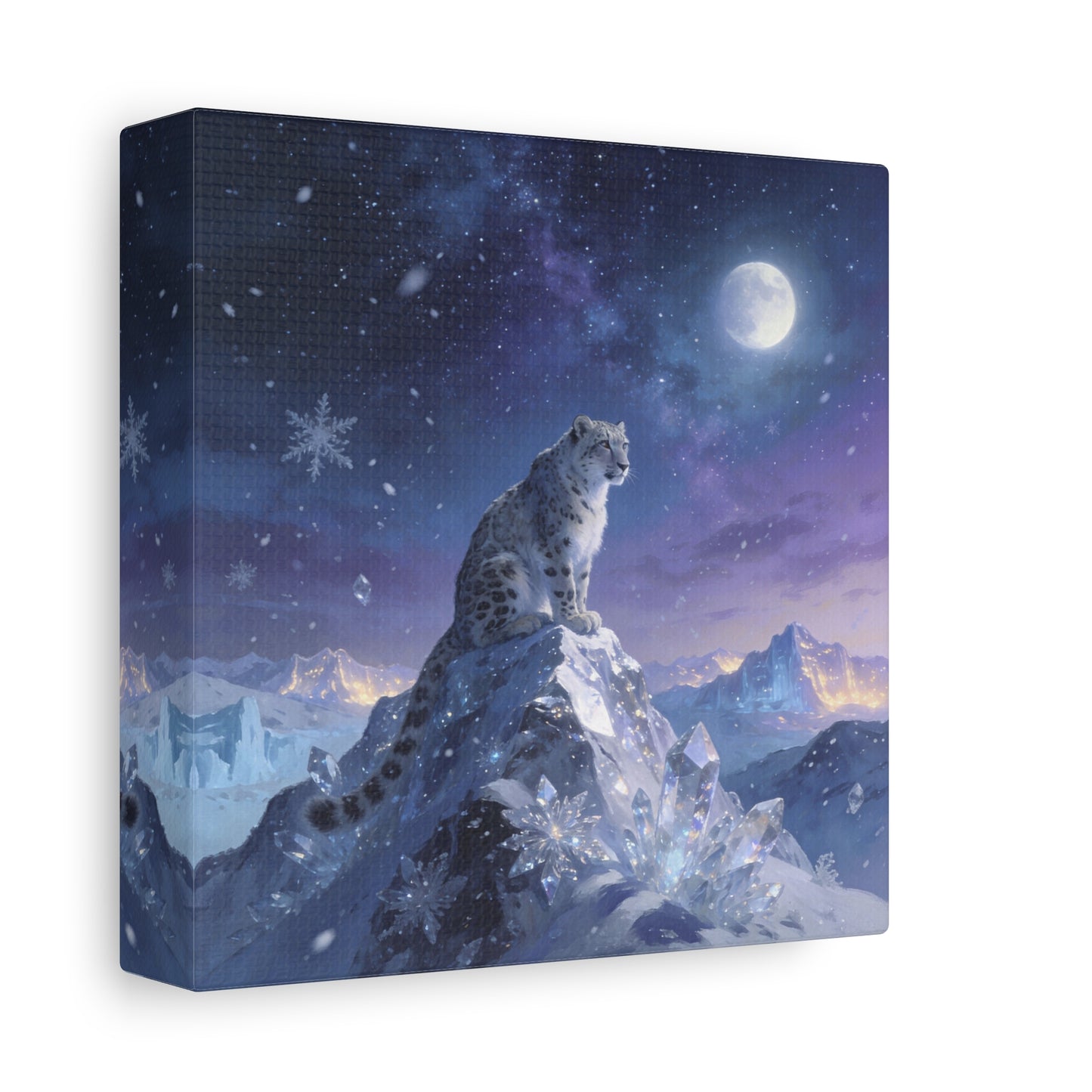 Snow Leopard Canvas Wall Art - Moonlit Arctic Crystal Landscape, Fantasy Wildlife Print - Matte Cotton Canvas - Contemporary Winter Style - Living Room Wall Decor Bedroom Home Decoration