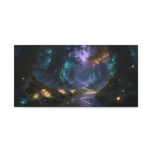 Enchanted Forest Canvas Wall Art - Glowing Mushrooms, Moonlit Woodland Path - Dreamy Fantasy Landscape - Matte Cotton Canvas Print - Living Room Wall Decor, Bedroom Home Decoration - Ready to Hang
