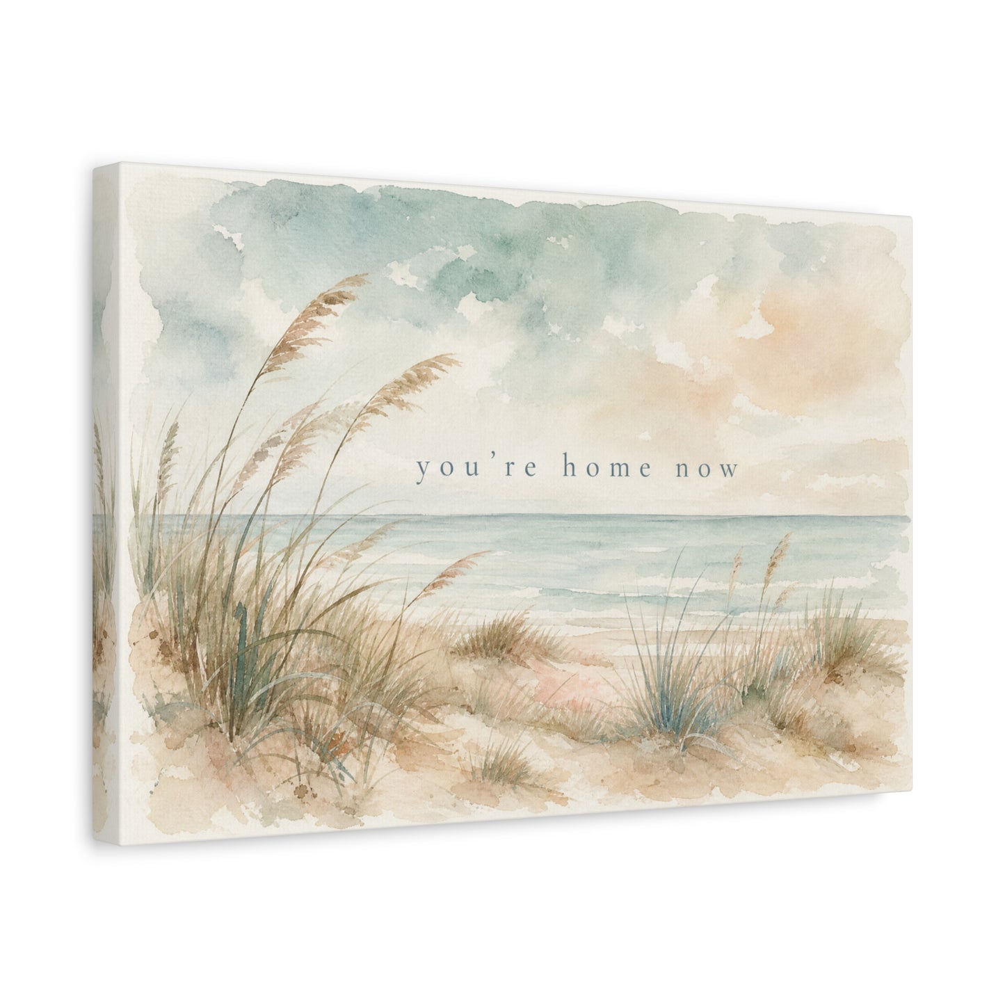 "You'Re Home Now" Coastal Canvas Wall Art - Beach Dune Watercolor Seascape - Soft Blue Beige Shore Scene - Traditional Coastal Style - Living Room Wall Decor, Bedroom Home Decoration - Ready to Hang