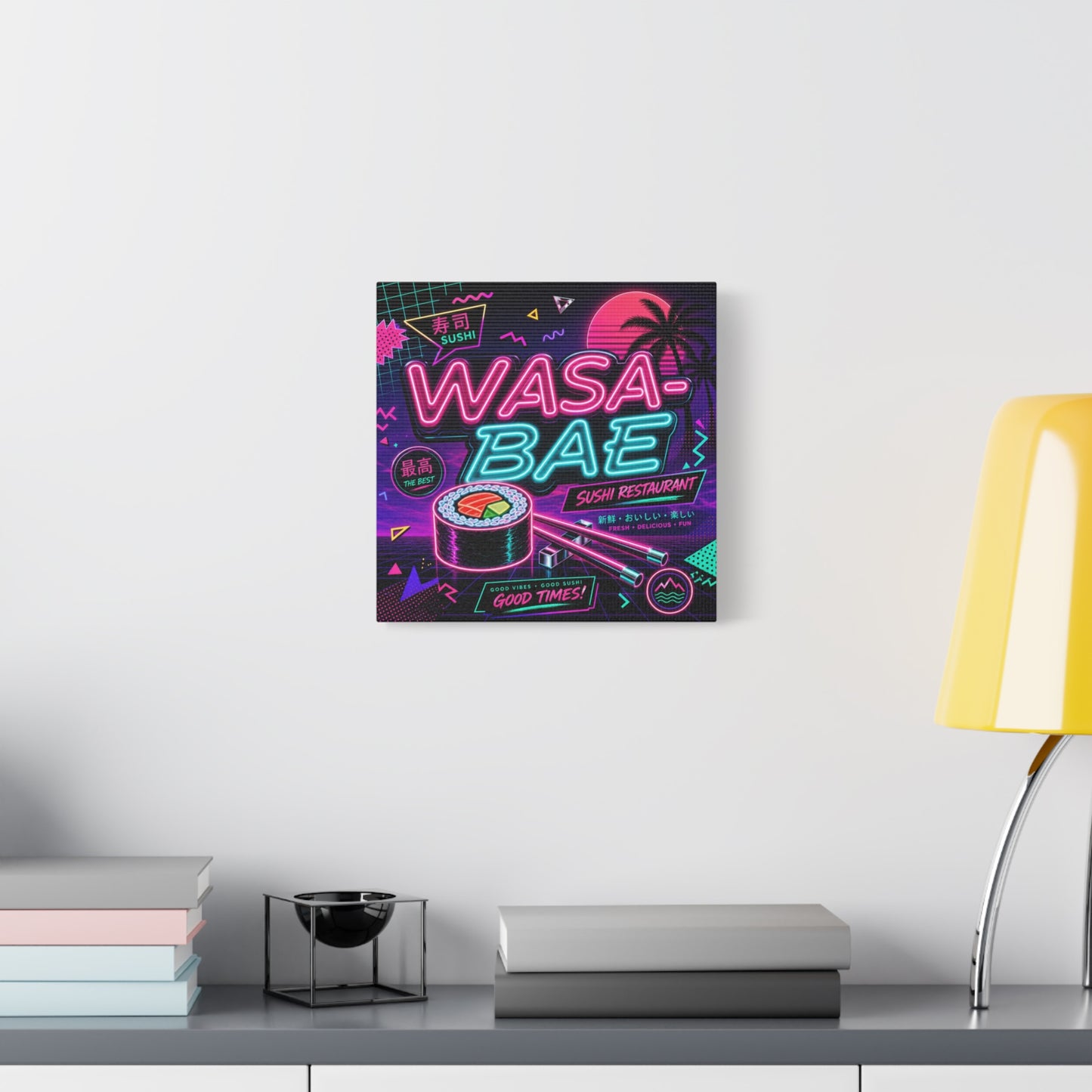"WASA-BAE" Sushi Canvas Print - Neon Japanese Restaurant Sign, Retro Vaporwave Illustration - Matte Cotton Decor, Cafe Wall Accent, Dining Space Artwork, Lounge Interior Style - Office Wall Art