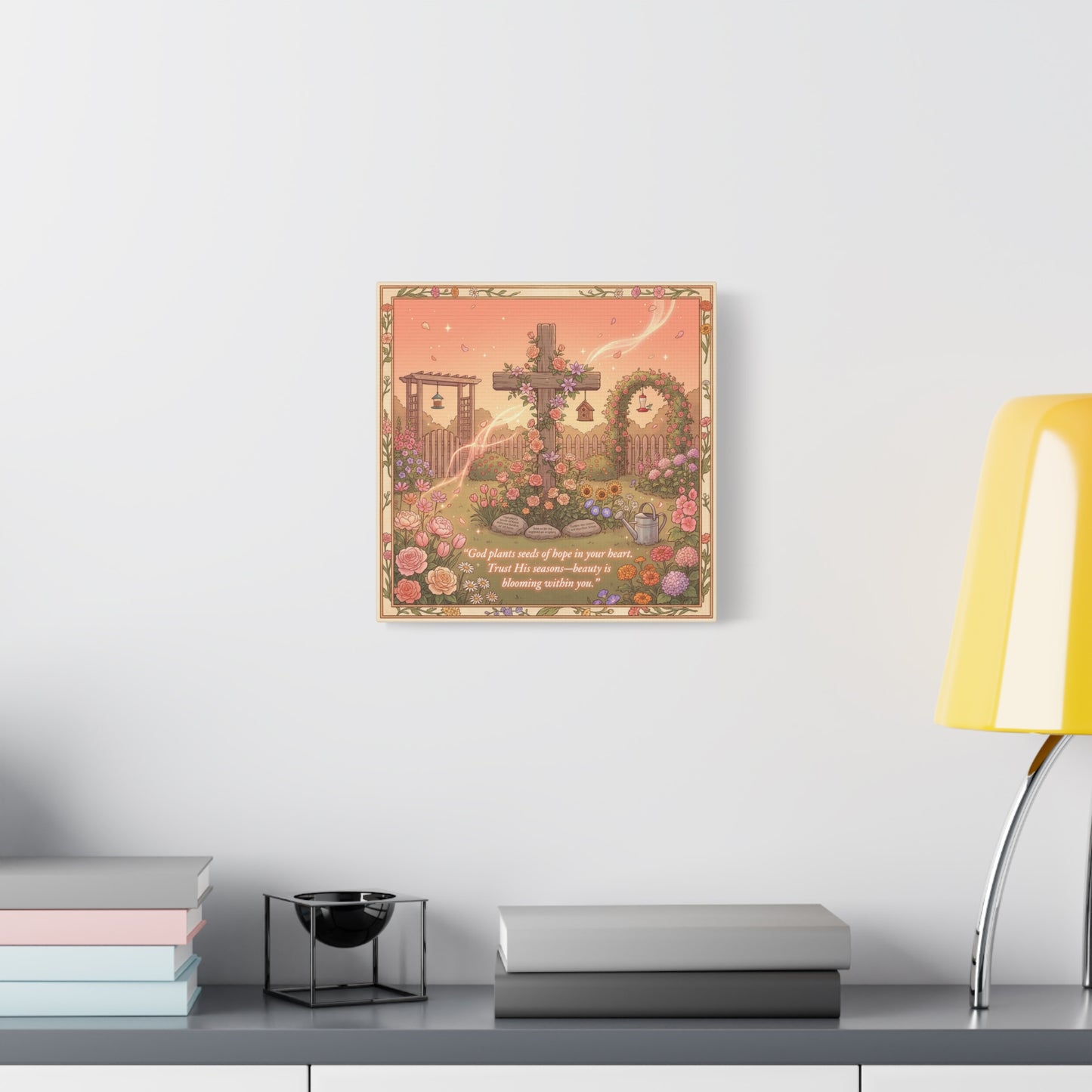 "God Plants Seeds Of Hope In Your Heart" Christian Canvas Wall Art - Floral Cross Garden Scripture Print, Matte Cotton Decor - Inspirational Bedroom Home Decoration, Living Room Accent - Ready to Hang