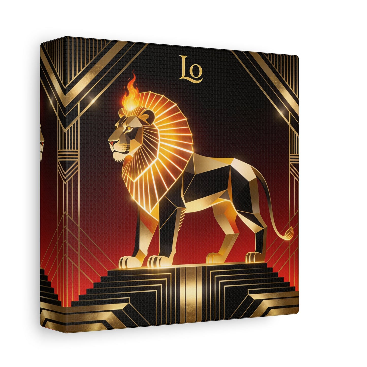 "Lo" Geometric Lion Canvas Wall Decor - Art Deco Gold Black Red Animal Print - Flaming Mane Illustration, Modern Luxe Interior Accent, Living Room Home Decoration - Living Room Wall Decor
