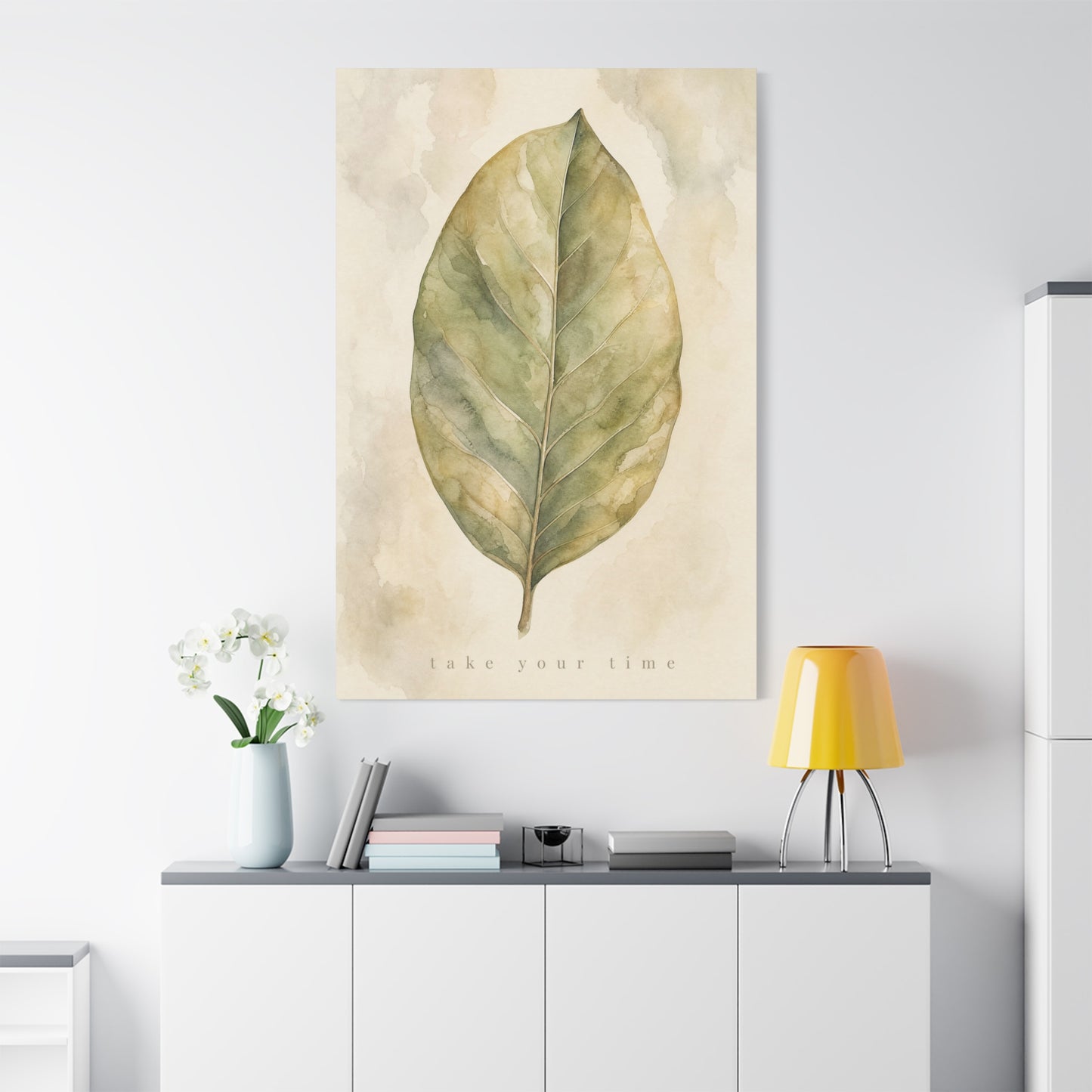 "Take Your Time" Botanical Leaf Canvas Wall Art - Watercolor Sage Green Nature Print - Minimalist Contemporary Decor - Bedroom Living Room Wall Decor - Calming Home Decoration - Modern Farmhouse Style