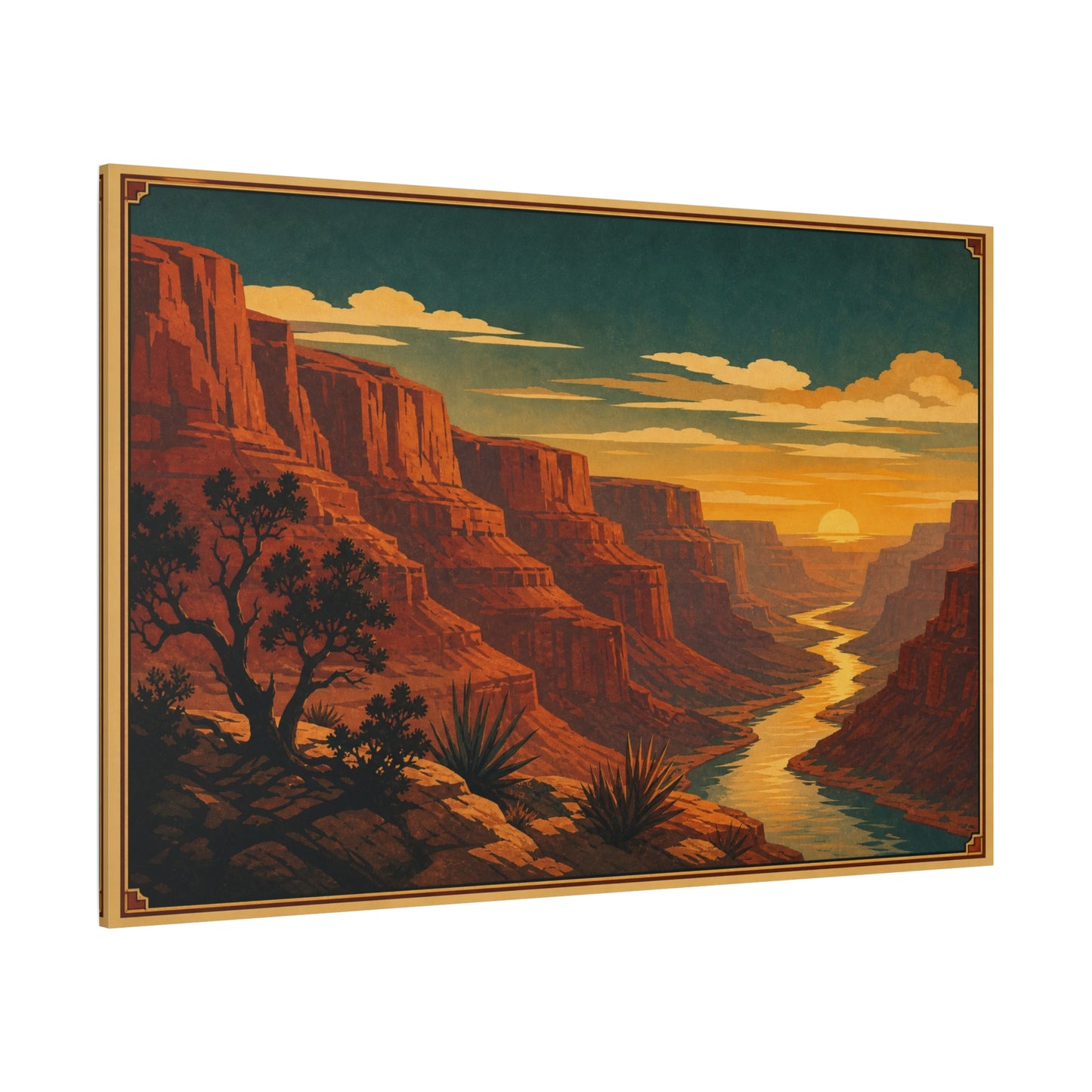 Desert Canyon Sunset Canvas Wall Art - Southwestern River Landscape Print, Vintage Travel Style - Golden Sky, Rustic Home Decor, Living Room Decoration - Ready to Hang - Living Room Wall Decor