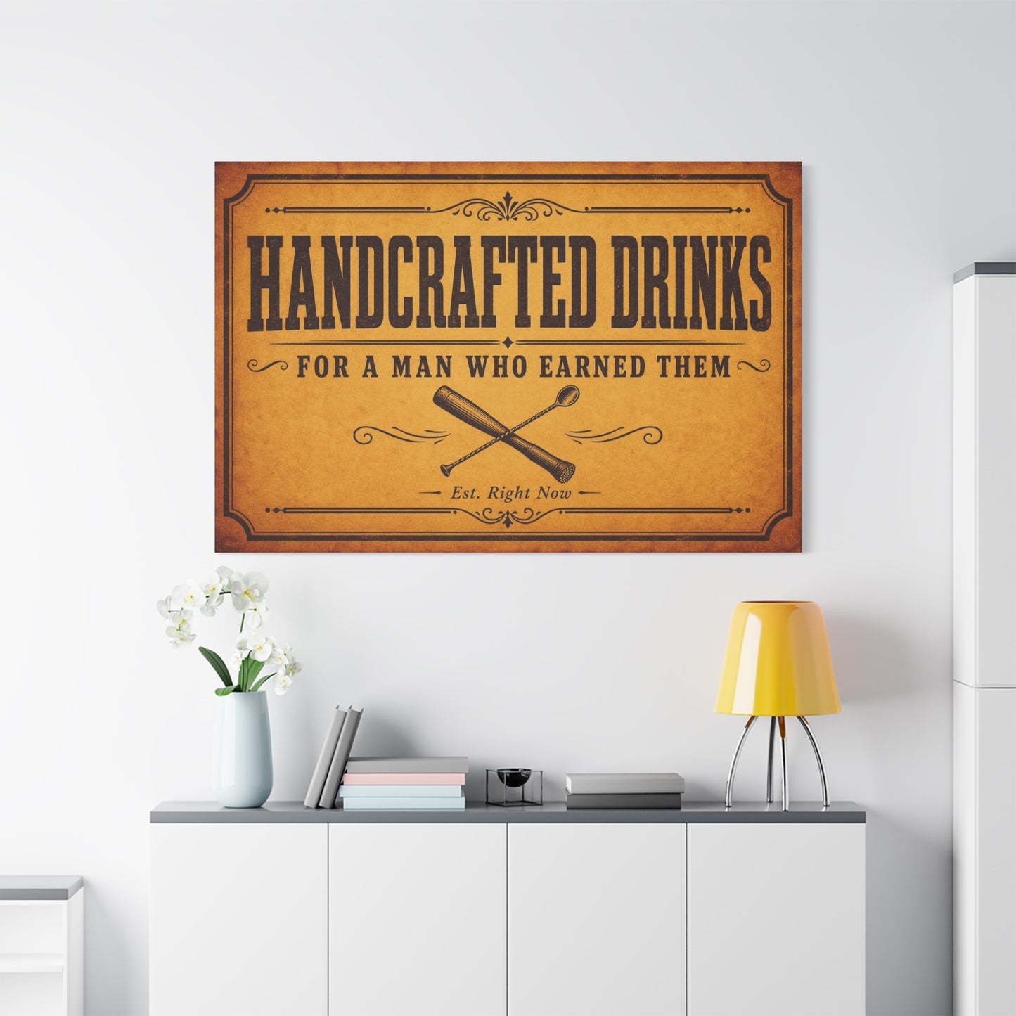 "Handcrafted Drinks For A Man Who Earned Them" Canvas Wall Art - Vintage Bar Sign, Rustic Typography Decor, Whiskey Lounge Wall Hanging - Ready to Hang - Ready to Hang - Cocktail Lounge Decor