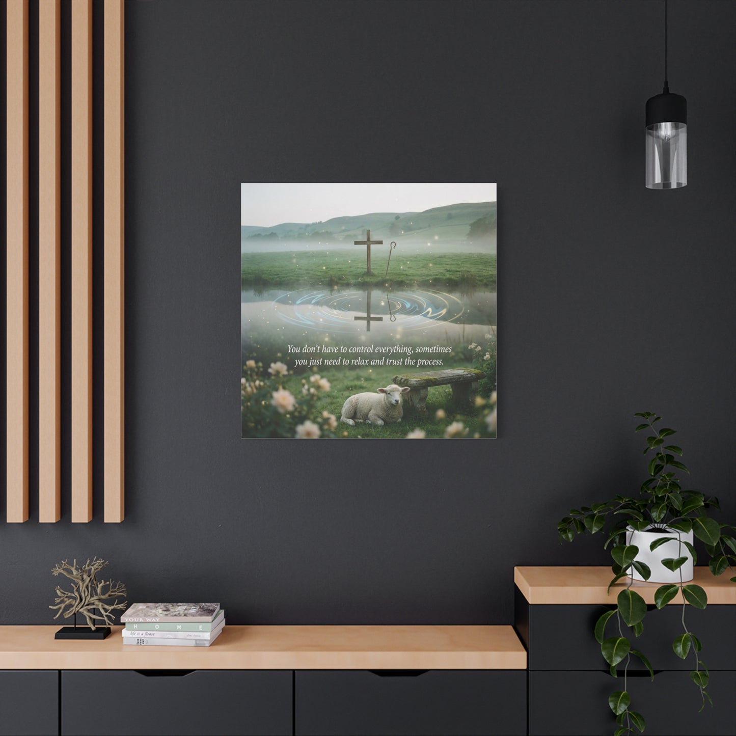"You Don’t Have To Control Everything, Sometimes You Just Need To Relax And Trust The Process" Canvas Wall Art - Christian Cross, Lamb Meadow Scene - Inspirational Farmhouse Decor - Office Wall Art