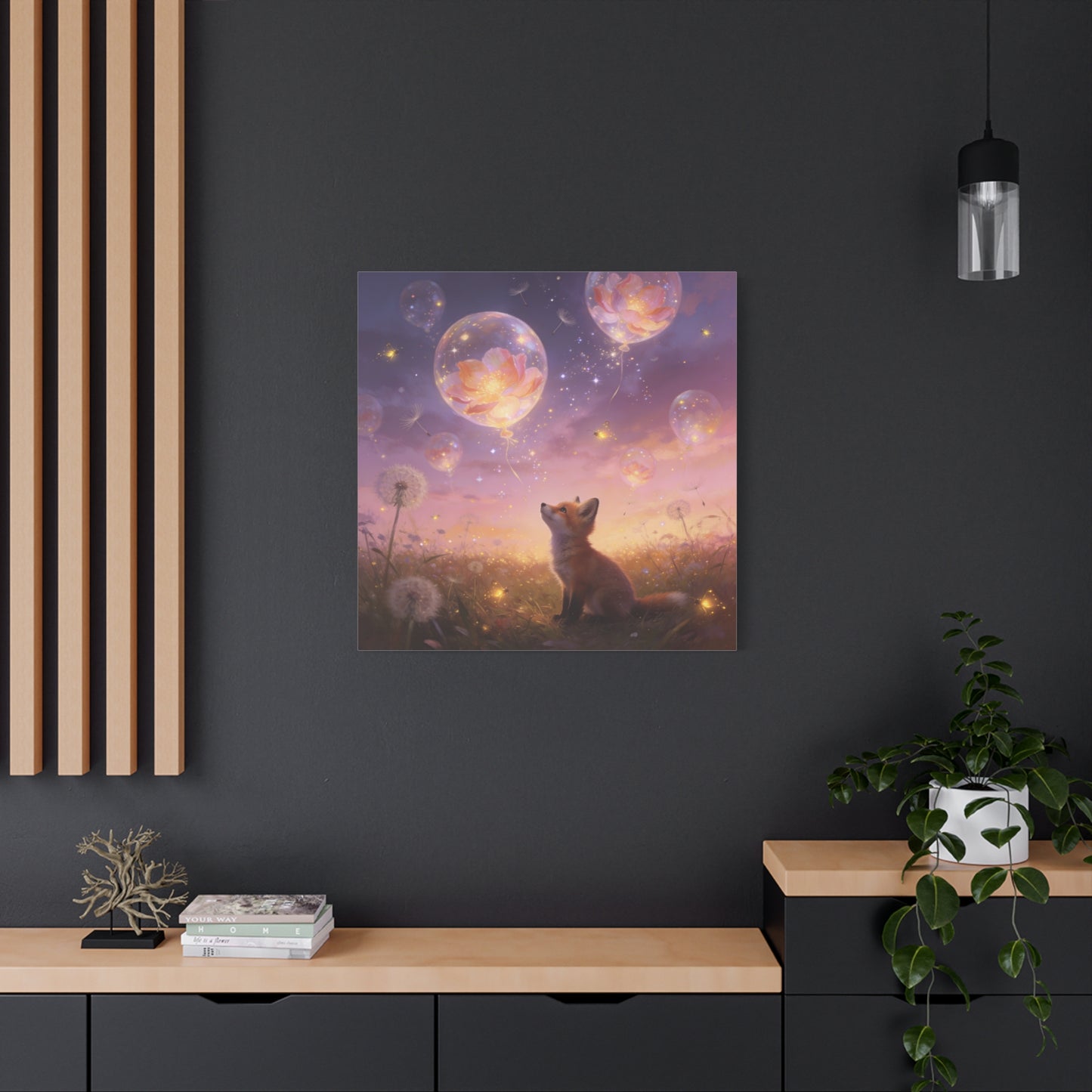 Fox Canvas Wall Art - Whimsical Fox Under Floral Balloons, Dreamy Twilight Meadow Canvas Print - Pastel Fantasy Style, Living Room Wall Decor, Bedroom Home Decoration - Bedroom Home Decoration