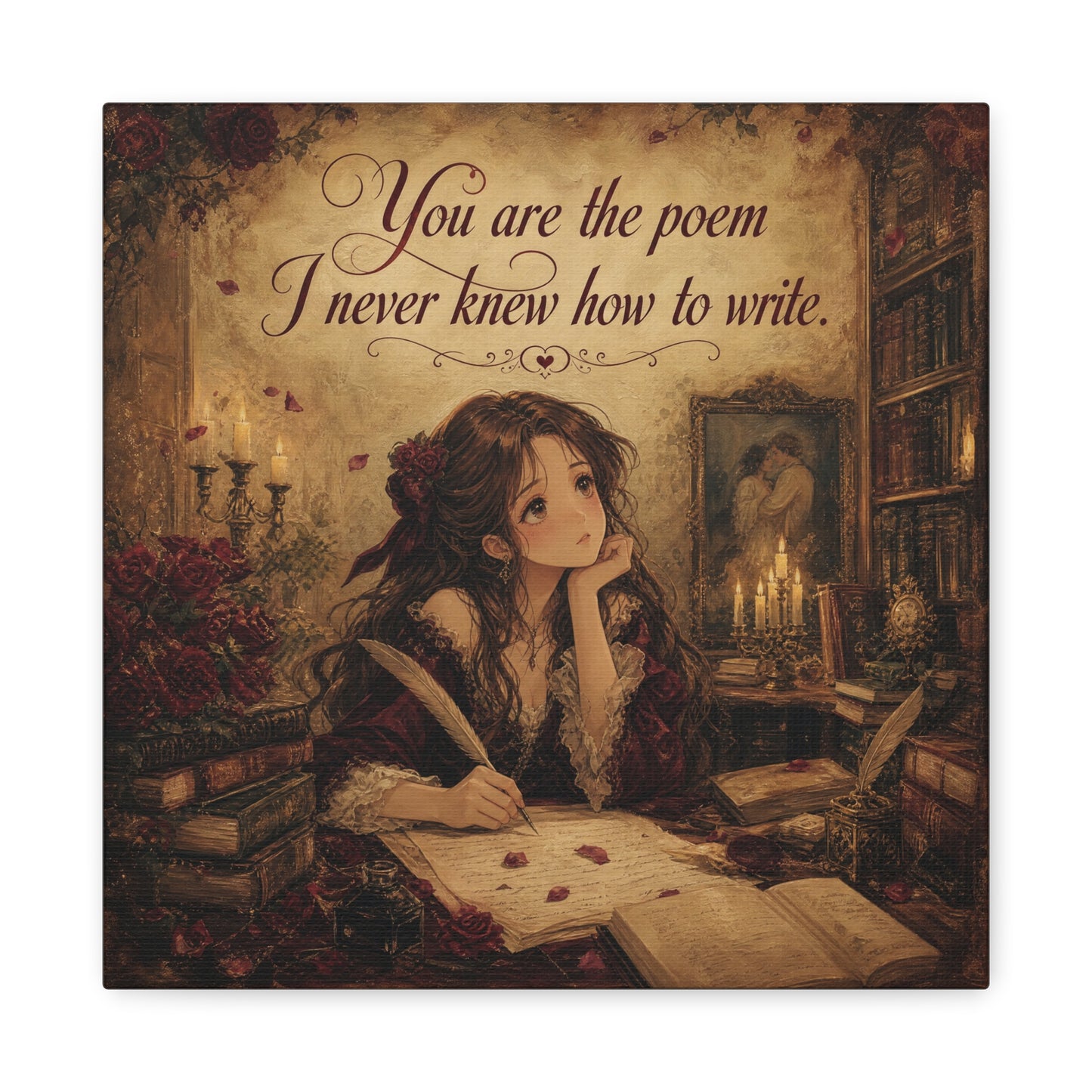 "You Are The Poem I Never Knew How To Write" Quote Canvas Wall Art - Romantic Gothic Library Girl Illustration - Vintage Brown Decor - Bedroom Wall Hanging, Teenager Room Decor - Ready to Hang