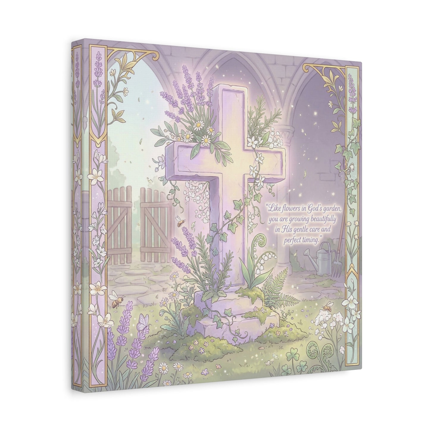 "Like Flowers In God's Garden, You Are Growing Beautifully" Christian Canvas Wall Art - Floral Cross Scripture Decor - Lavender Garden Illustration - Bedroom Home Decoration, Living Room Accent