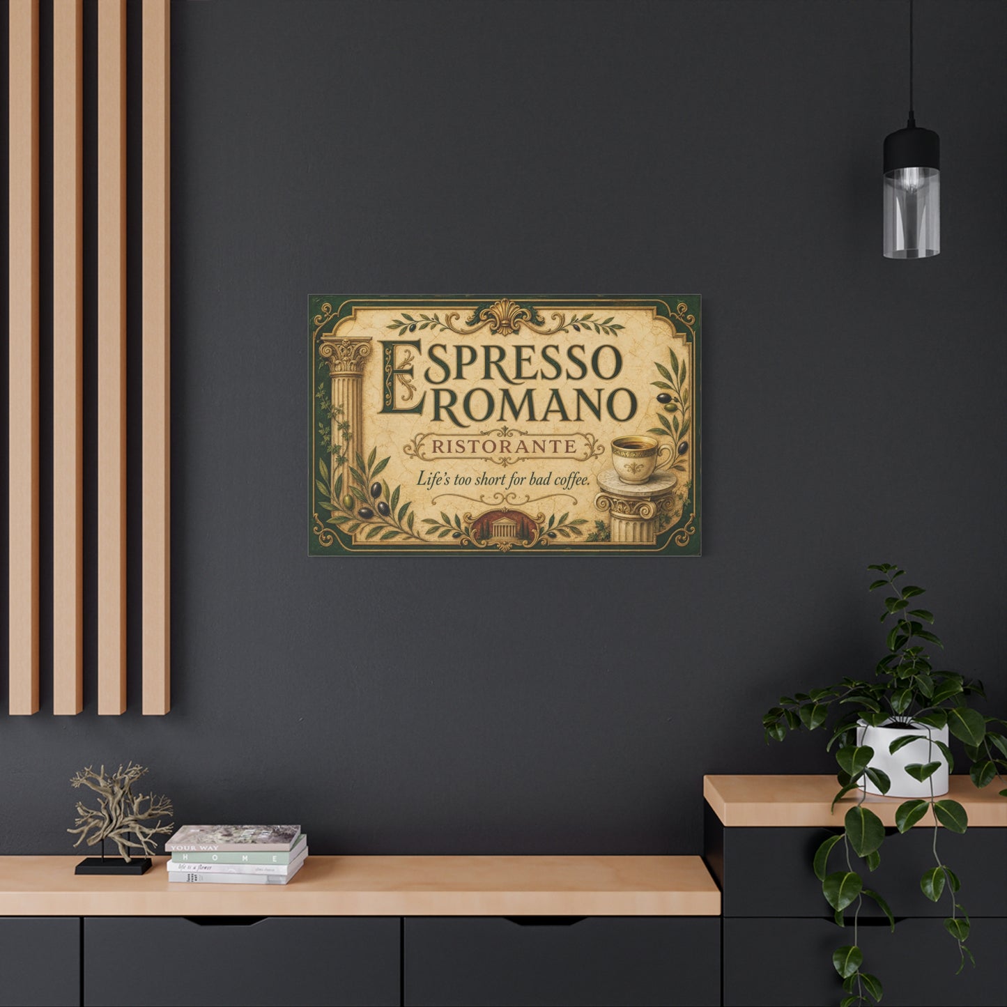 "Espresso Romano" Canvas Wall Art - "Life's Too Short For Bad Coffee." Vintage Italian Cafe Decor, Olive Branches, Roman Columns, Espresso Cup - Coffee Shop Decor - Cafe Wall Art - Ready to Hang