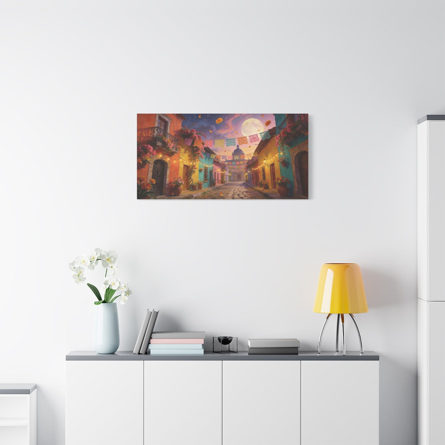 Moonlit Colorful Colonial Street Canvas Wall Art - Papel Picado, Marigolds, Full Moon - Dreamy Matte Canvas Print - Living Room Wall Decor, Bedroom Home Decoration - Bedroom Home Decoration