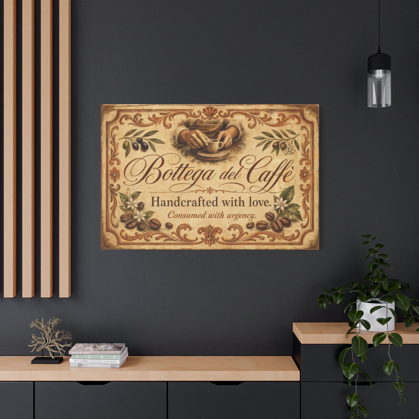 "Bottega del Caffe" Canvas Wall Art - Vintage Italian Coffee Quote Print, Olive Branches, Beans, Rustic Farmhouse Decor, Cafe Wall Hanging - Modern Farmhouse Style - Coffee Shop Decor - Ready to Hang