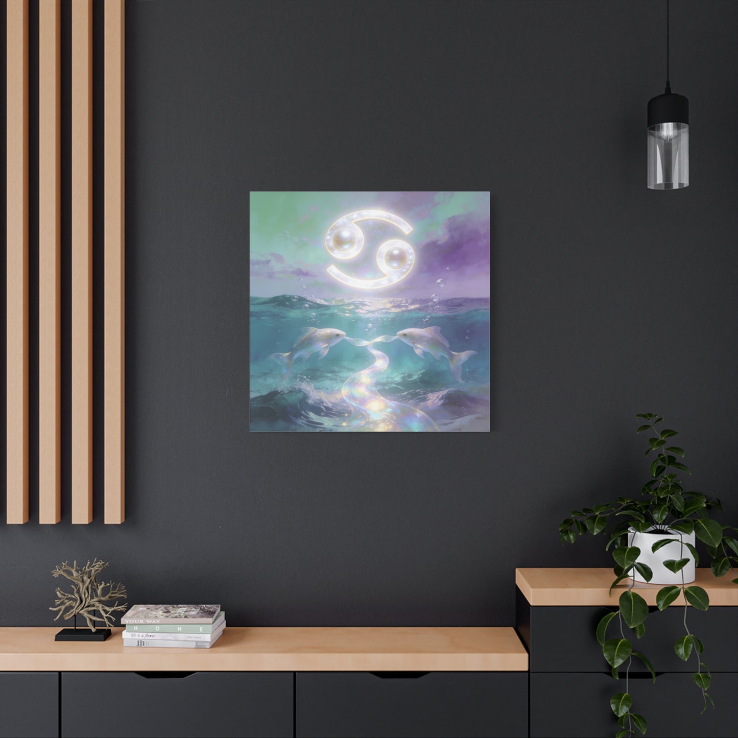 Cancer Zodiac Canvas Wall Art - Two Pearl Fish Ocean Illustration, Celestial Astrology Decor - Iridescent Matte Canvas Print - Mystical Coastal Style For Bedroom Living Room - Living Room Wall Decor