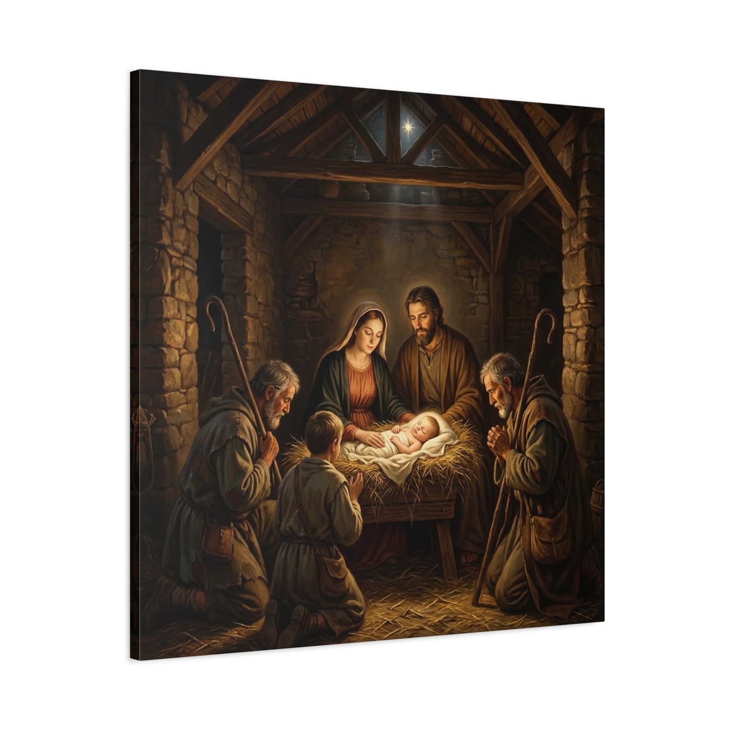 Nativity Scene Canvas Wall Art - Baby Jesus, Virgin Mary, Saint Joseph In Bethlehem Stable - Matte Cotton Print For Living Room Bedroom - Living Room Wall Decor - Bedroom Home Decoration