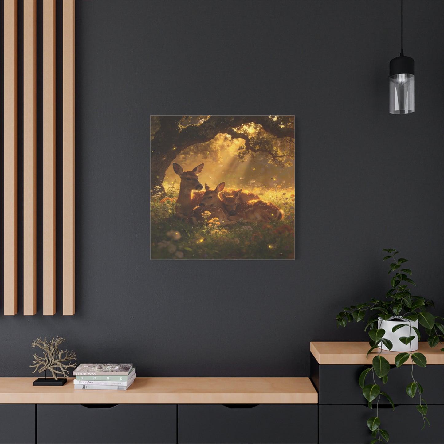Doe And Fawns Canvas Wall Art - Woodland Deer Family In Golden Light, Whimsical Nature Scene - Matte Finish Cotton Print - Rustic Traditional Style - Bedroom Wall Decor - Bedroom Home Decoration