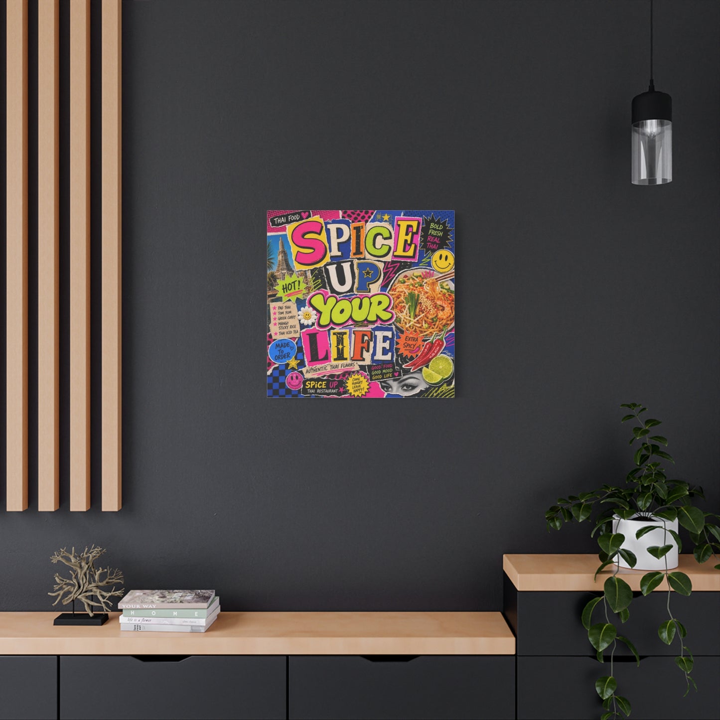 "Spice Up Your Life" Canvas Wall Art - Thai Food Pop Art Collage, Typography Print, Neon Color Street Poster Style, Cafe Decor, Dining Room Accent, Kitchen Wall Hanging, Contemporary - Ready to Hang