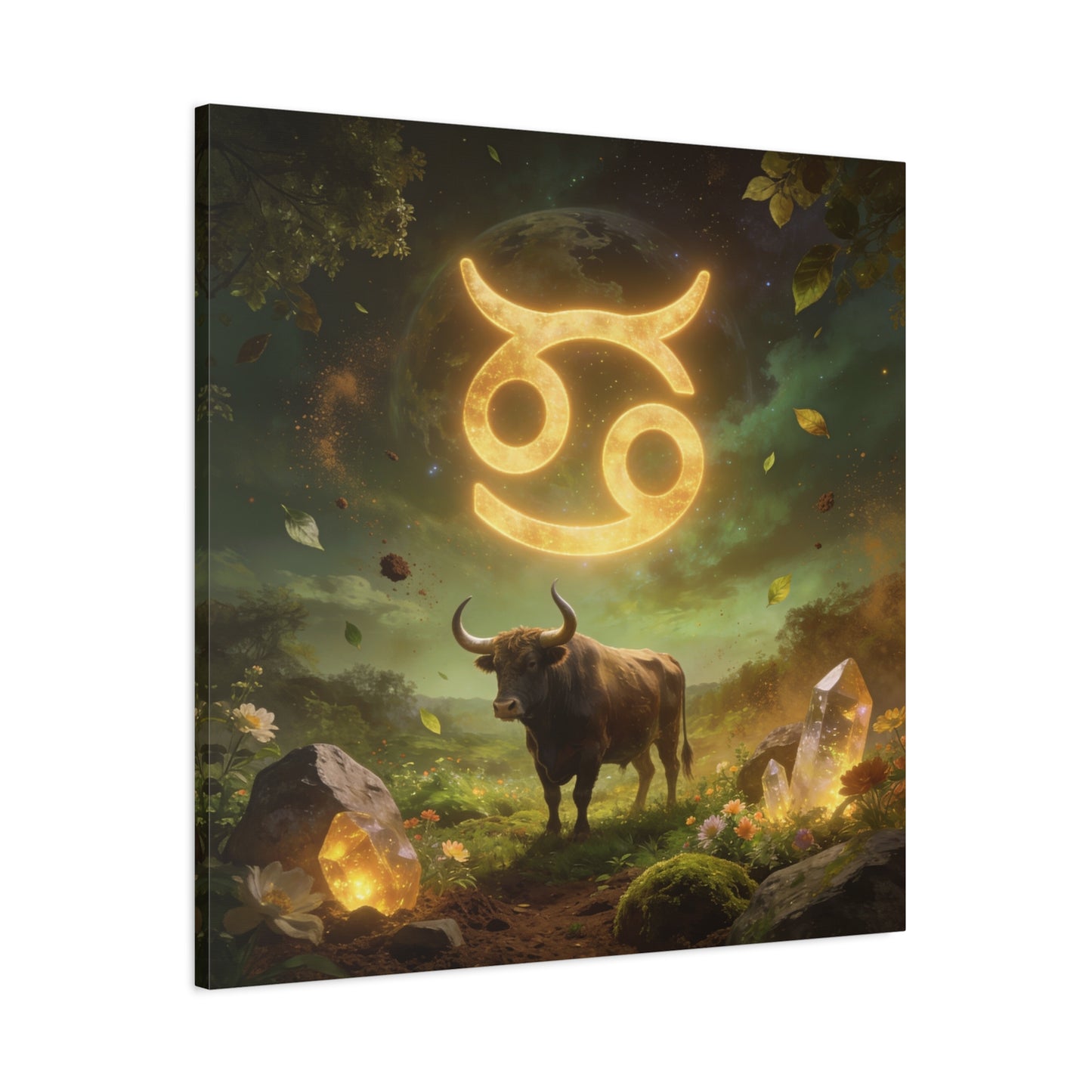 Cancer Zodiac Canvas Wall Art - Glowing Astrology Symbol, Bull And Crystal Fantasy Scene - Celestial Green Gold Illustration - Bedroom Home Decoration, Meditation Space Accent - Living Room Wall Decor