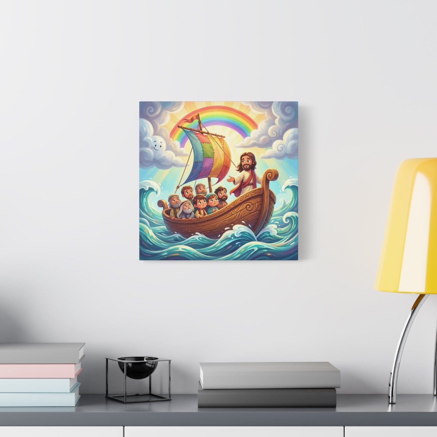 Jesus Boat Canvas Wall Art - Rainbow Sail, Disciples At Sea, Christian Nursery Decor - Matte Cotton Print - Whimsical Religious Style For Kids Bedroom Playroom Home Decoration - Living Room Wall Decor