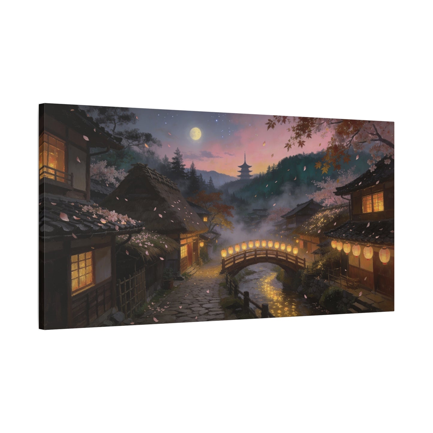 Japanese Village Moonlit Canvas Wall Art - Lantern Bridge, Cherry Blossom Petals, Pagoda Landscape - Matte Cotton Print - Traditional Style, Living Room Wall Decor, Bedroom Decoration - Ready to Hang