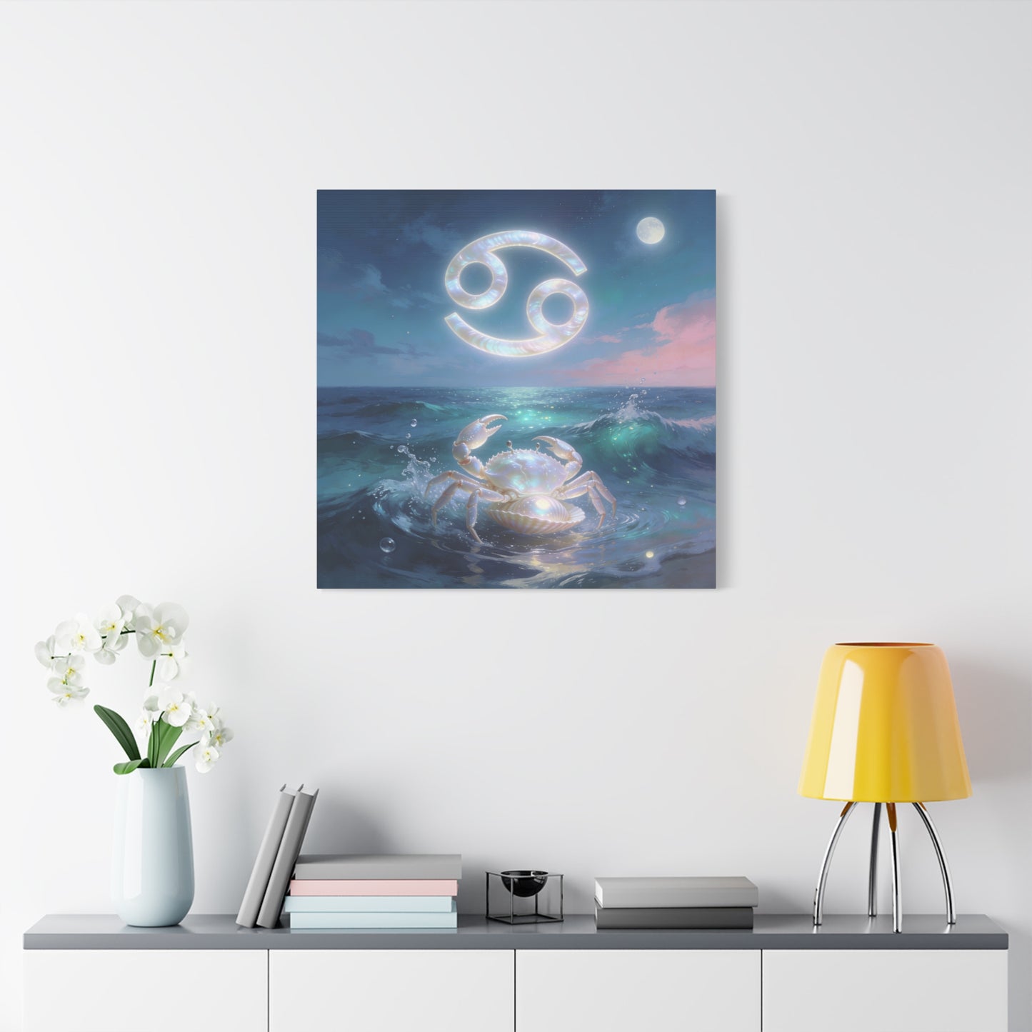 Cancer Zodiac Canvas Wall Art - Moonlit Ocean Crab, Iridescent Shell Symbol - Coastal Celestial Print, Dreamy Blue Seascape - Bedroom Home Decoration, Living Room Wall Decor - Bedroom Home Decoration