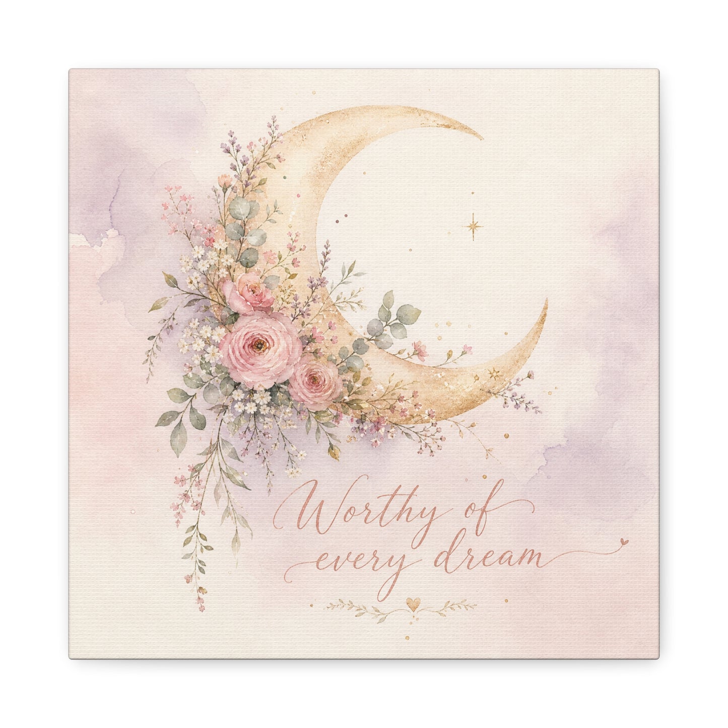 "Worthy Of Every Dream" Moon Canvas Wall Art - Floral Crescent, Inspirational Blush Gold Watercolor - Bohemian Bedroom Wall Decor - Nursery Home Decoration - Bedroom Home Decoration - Ready to Hang