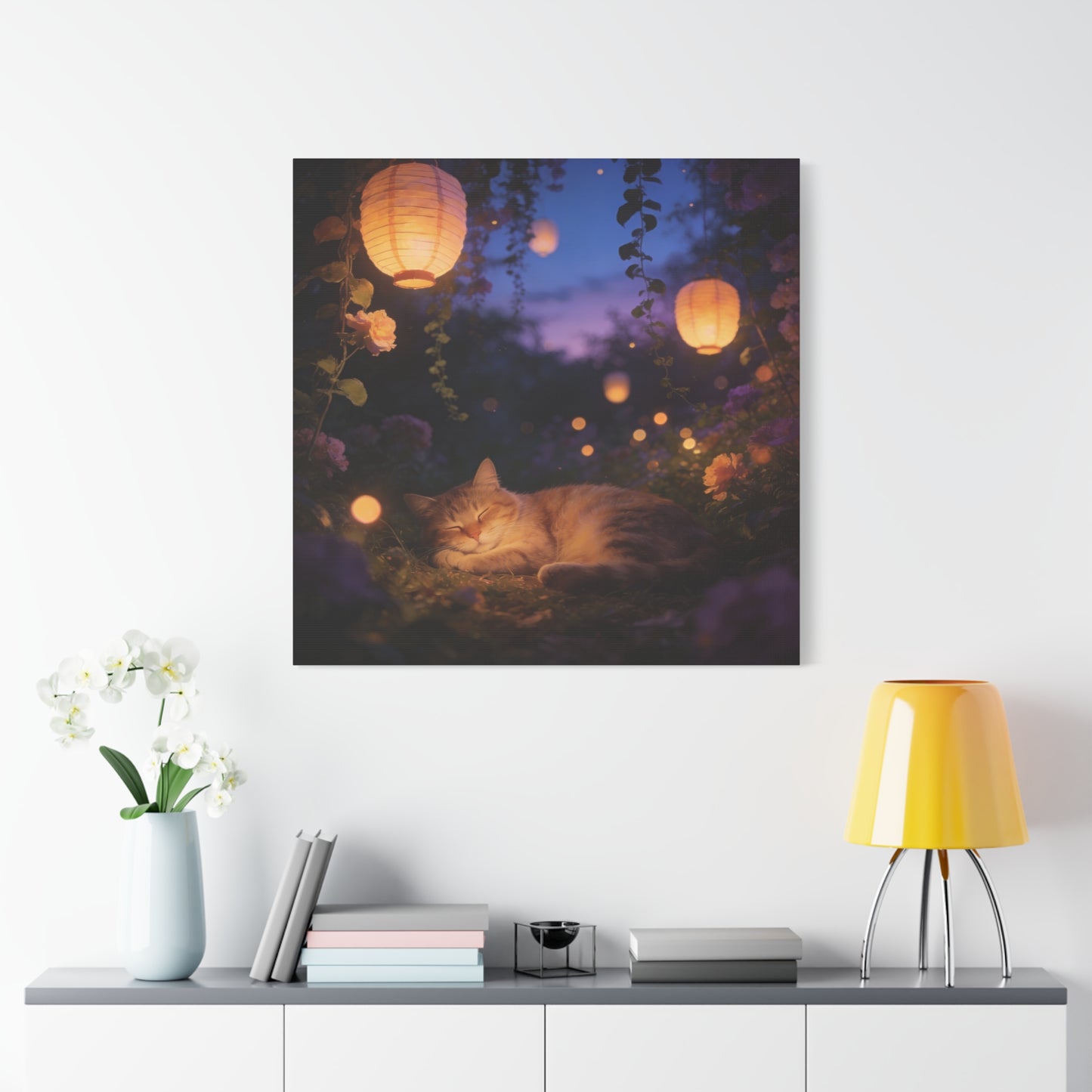 Sleeping Cat Canvas Wall Art - Lantern Lit Garden Night Scene, Dreamy Floral Canvas Print - Calming Cottagecore Style, Bedroom Wall Decor, Living Room Home Decoration - Bedroom Home Decoration
