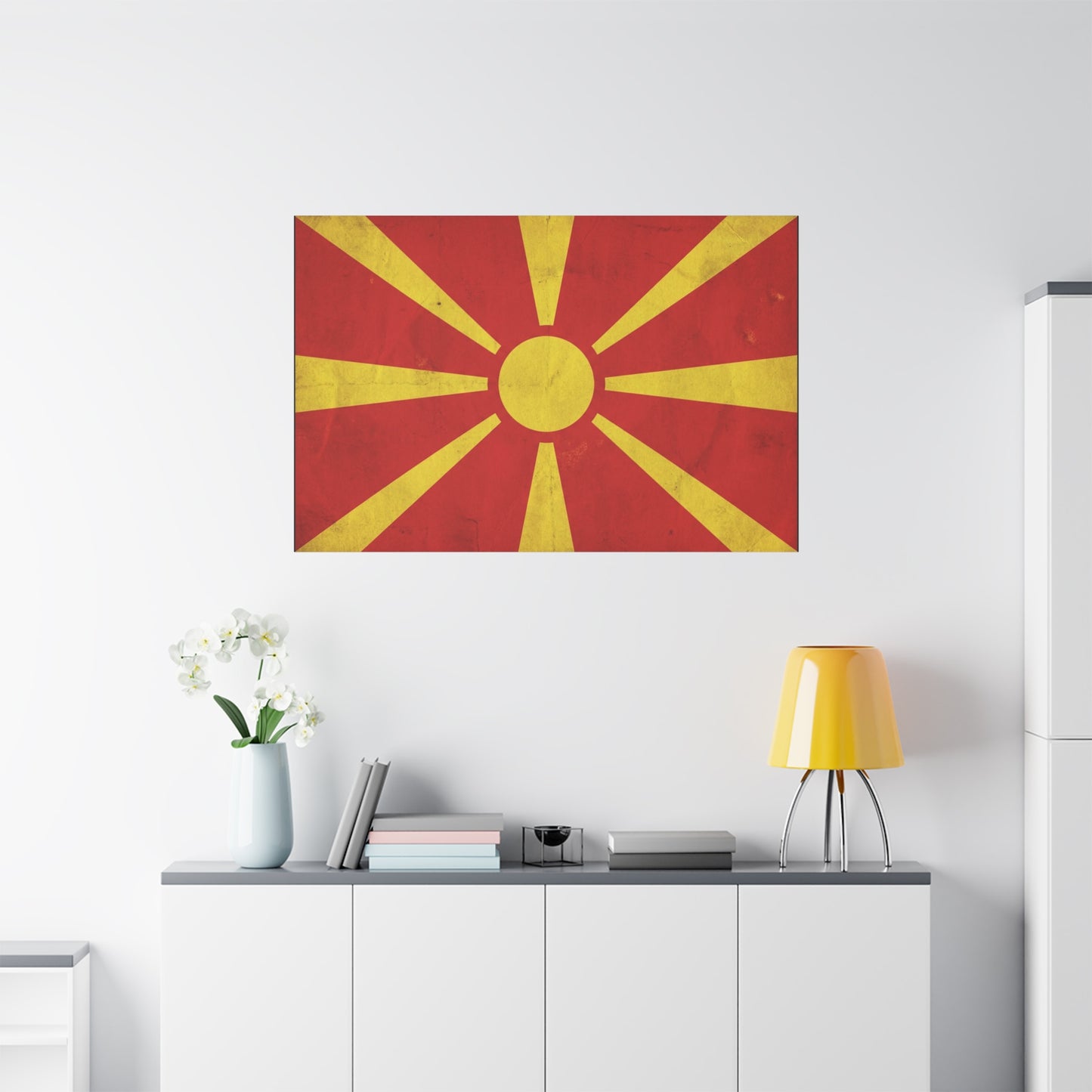 North Macedonia Flag Canvas Wall Art - Vintage Sunburst National Banner Print - Red And Yellow Patriotic Decor - Retro Country Pride Style - Living Room Wall Decor - Bedroom Home Decoration