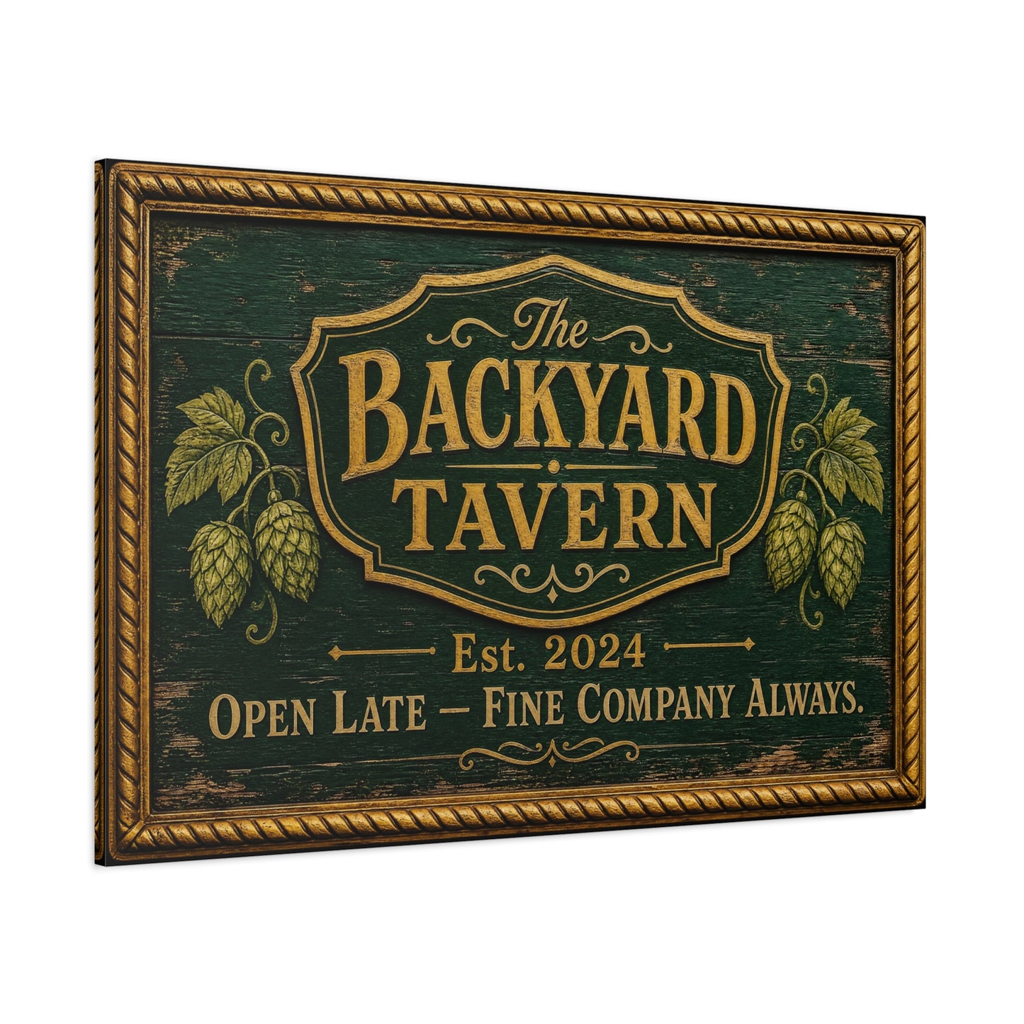 "The Backyard Tavern" Canvas Wall Art - Vintage Pub Sign, Rustic Typography Decor - Green And Gold Tavern Style Print, Bar Room Wall Decor - Ready to Hang - Ready to Hang - Speakeasy Style Sign