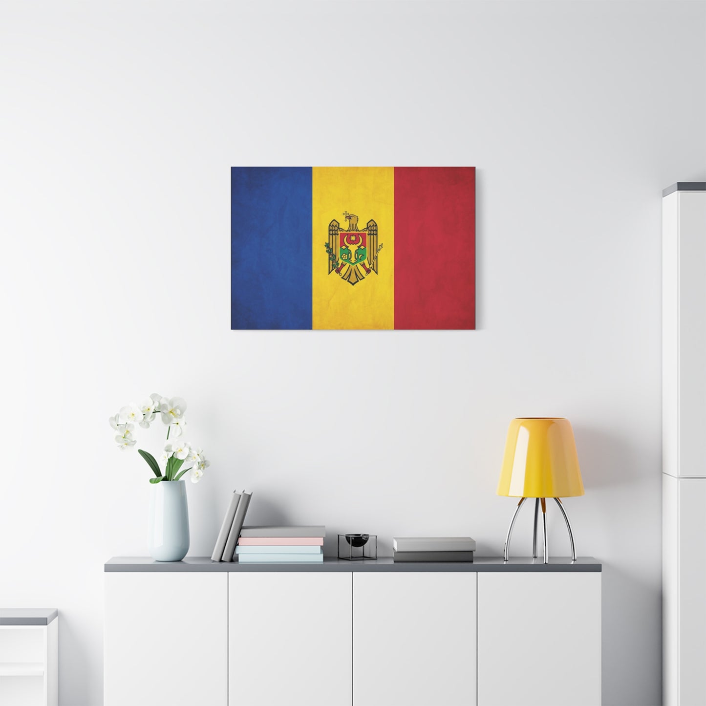 Moldova Flag Canvas Wall Art - Blue Yellow Red Tricolor With Coat Of Arms - Patriotic Heritage Print - Traditional Style - Living Room Wall Decor - Bedroom Home Decoration - Bedroom Home Decoration