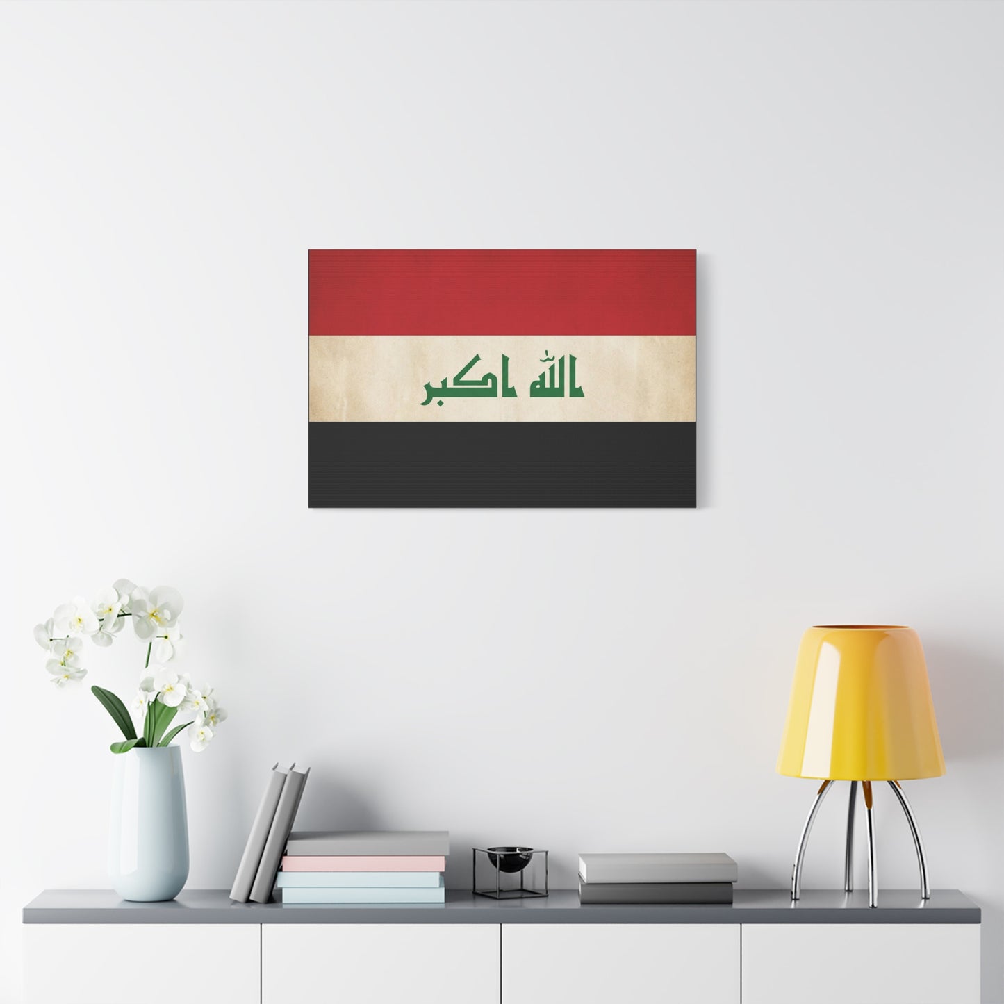 Iraq Flag Canvas Wall Art - Allahu Akbar Arabic Script Patriotic Print, Red White Black Banner, Vintage Style, Living Room Wall Decor, Office Art, Cultural Heritage Home Accent - Ready to Hang