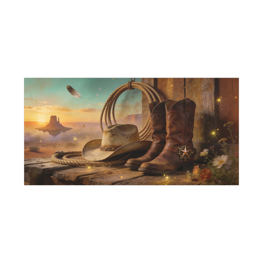 Western Cowboy Boots Canvas Wall Art - Desert Mesa Sunset, Hat And Lasso - Rustic Cotton Print - Vintage Ranch Style - Living Room Wall Decor, Office Art, Entryway Decoration - Bedroom Home Decoration
