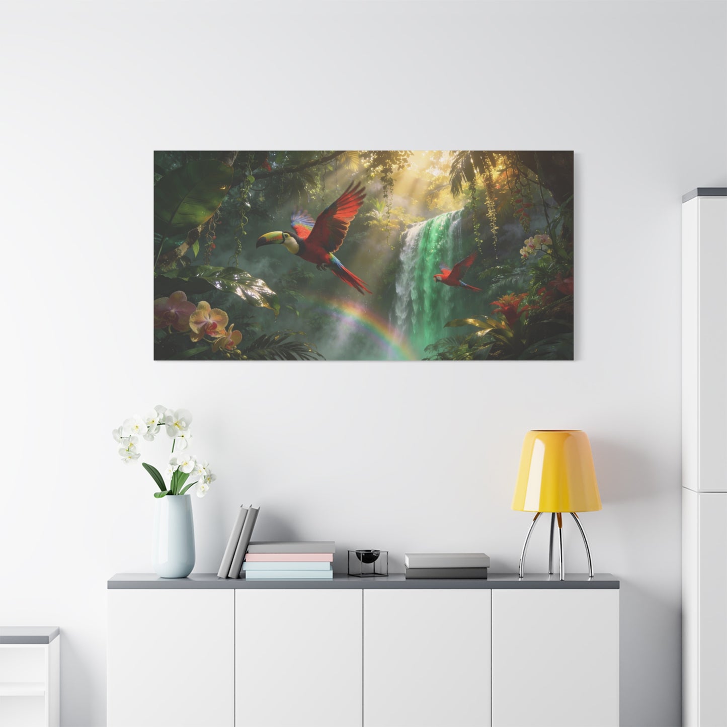 Scarlet Macaw Canvas Wall Art - Tropical Rainforest Waterfall Birds, Lush Jungle Scene, Matte Finish Canvas Print, Contemporary Nature Wall Decor For Living Room Bedroom Office - Cozy Reading Nook Art