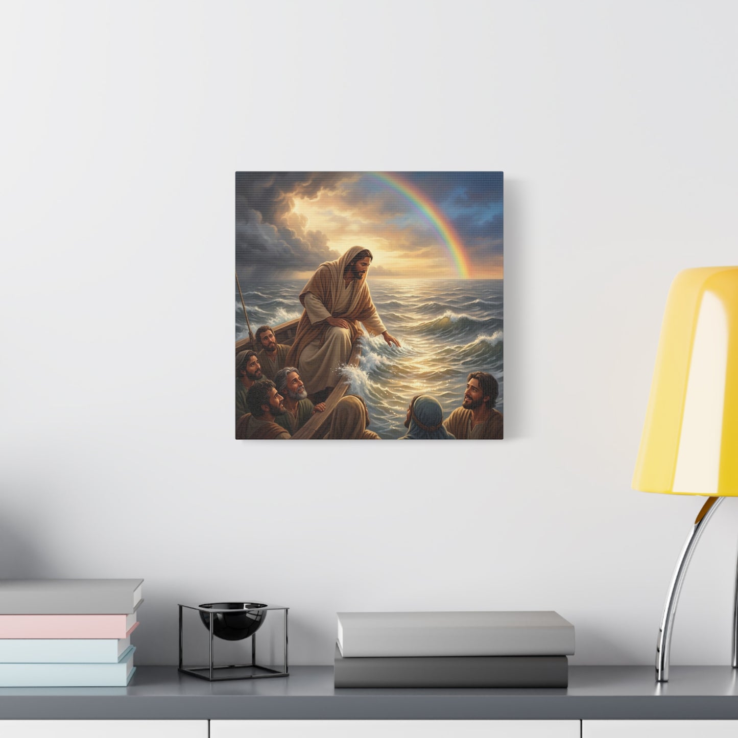 Jesus Christ Walking On Water Canvas Wall Art - Rainbow Over Stormy Sea, Disciples In Boat - Matte Cotton Print - Traditional Religious Style - Living Room Wall Decor - Bedroom Home Decoration