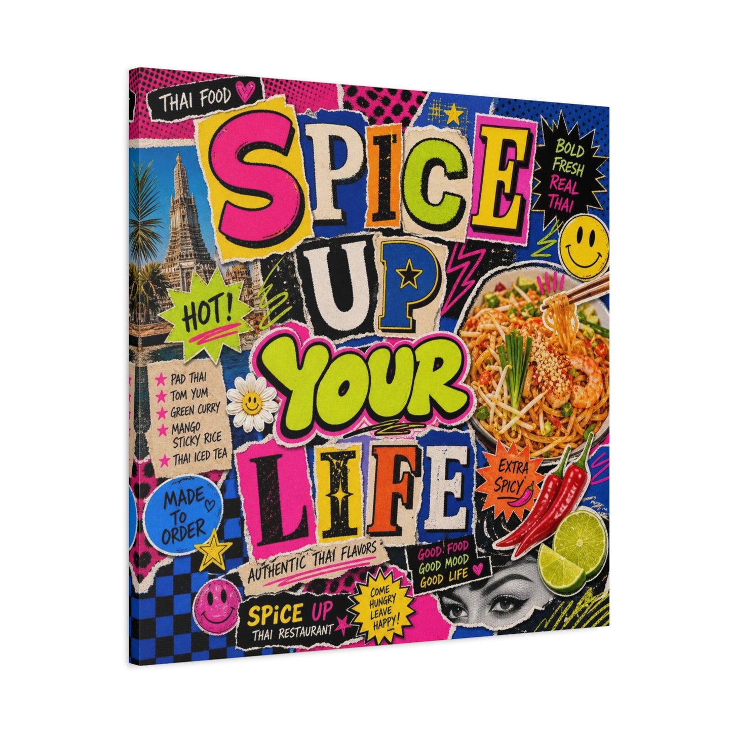 "Spice Up Your Life" Canvas Wall Art - Thai Food Pop Art Collage, Typography Print, Neon Color Street Poster Style, Cafe Decor, Dining Room Accent, Kitchen Wall Hanging, Contemporary - Ready to Hang