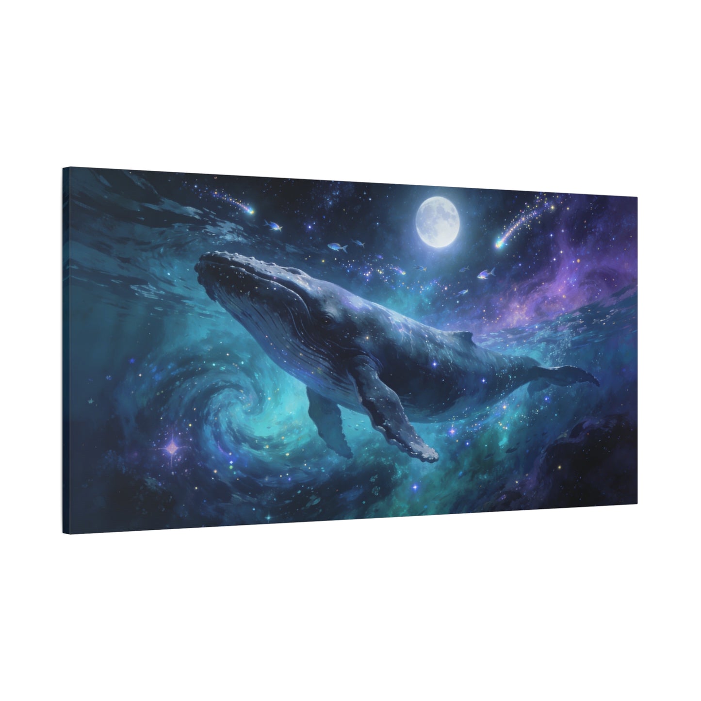 Humpback Whale Canvas Wall Art - Celestial Ocean Galaxy Painting, Moonlit Space Seascape Print - Matte Cotton Canvas - Contemporary Fantasy Style - Living Room Wall Decor - Bedroom Home Decoration