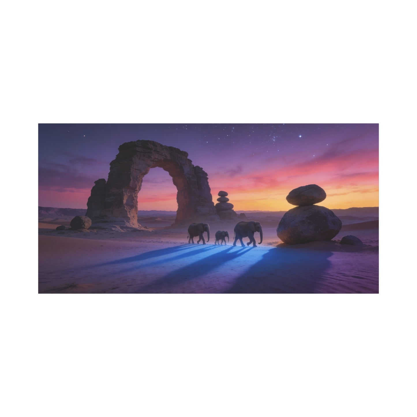 Desert Elephant Canvas Wall Art - Rock Arch Sunset Landscape, Surreal Starry Sky - Matte Cotton Art Print - Contemporary Style, Living Room Wall Decor, Bedroom Home Decoration - Modern Farmhouse Style