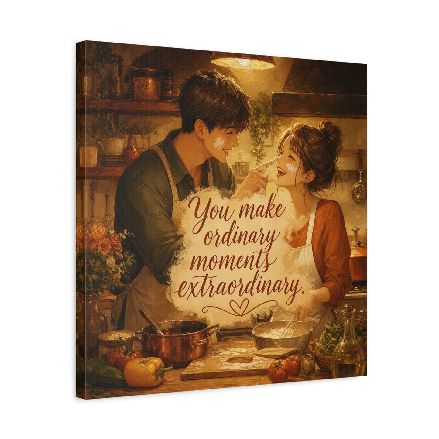 "You Make Ordinary Moments Extraordinary" Couple Canvas Wall Art - Romantic Kitchen Scene, Warm Vintage Illustration Print - Cozy Living Room Decor, Farmhouse Home Accent - Living Room Wall Decor
