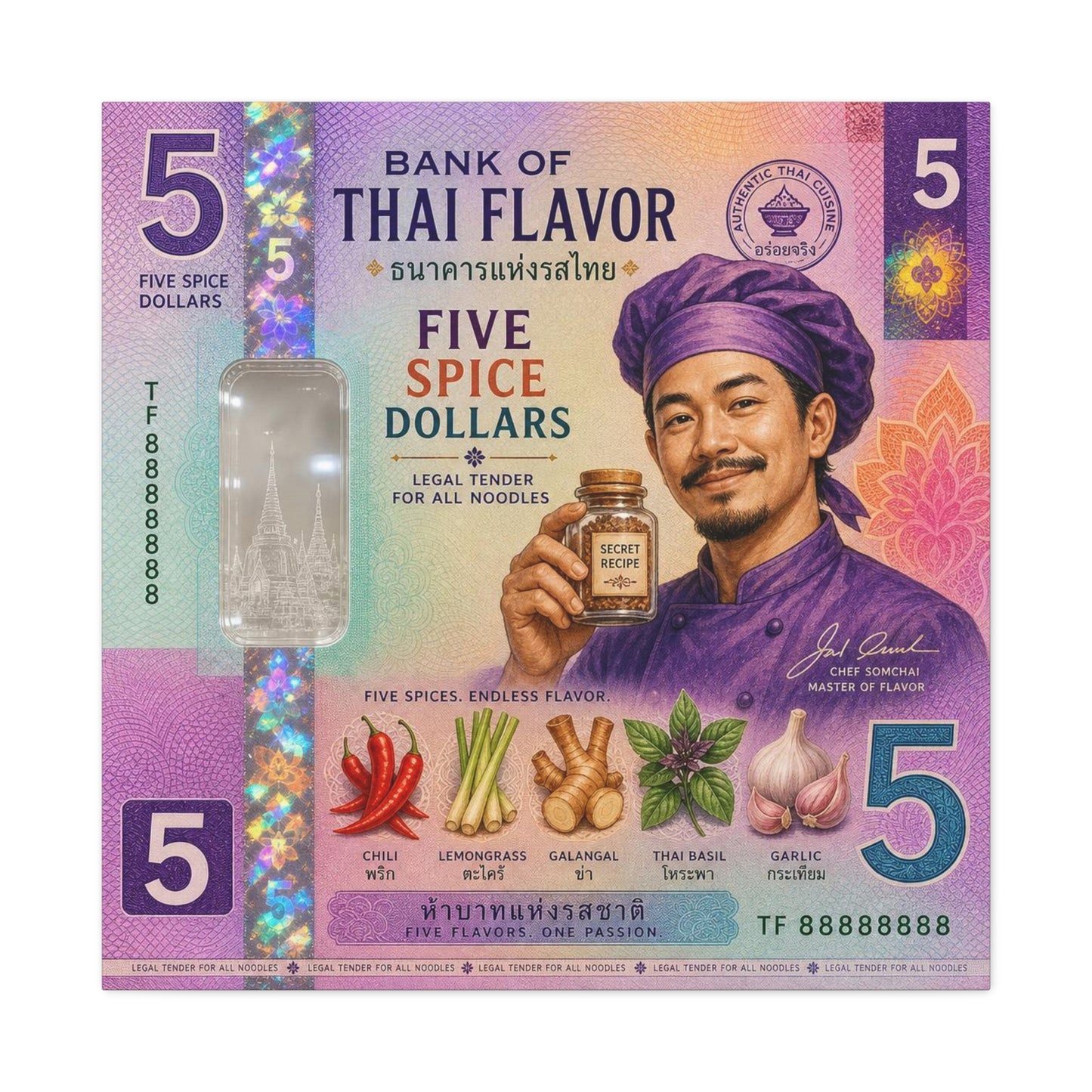 "Bank Of Thai Flavor" Thai Chef Canvas Wall Art - Five Spice Dollars Food Illustration, Colorful Typography Print, Eclectic Kitchen Decor, Cafe Wall Decor, Restaurant Wall Accent - Ready to Hang