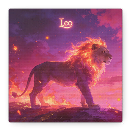 "Leo" Lion Canvas Wall Art - Fiery Zodiac Illustration, Purple Pink Sky, Matte Finish Canvas Print - Modern Astrology Decor, Bedroom Home Decoration, Office Wall Art Accent - Bedroom Home Decoration