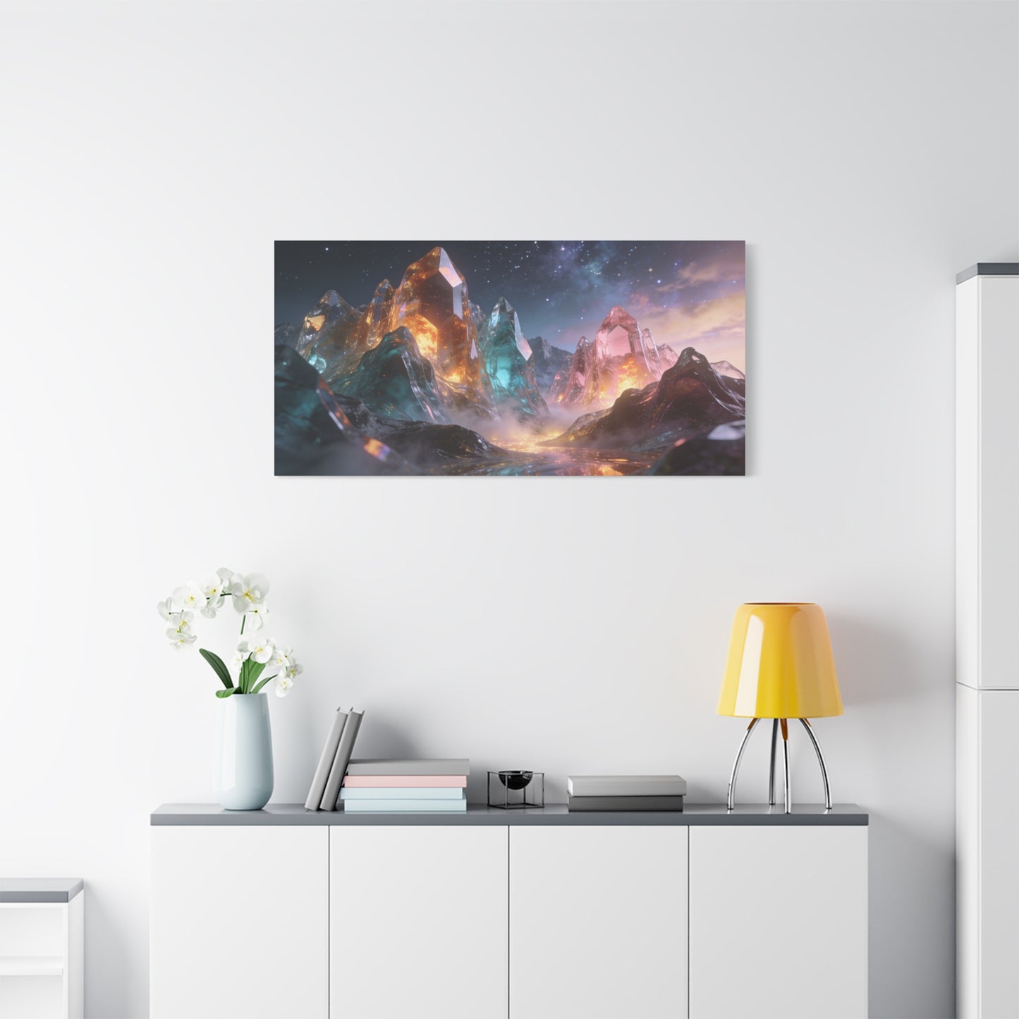 Crystal Mountain Canvas Wall Art - Surreal Glass Peaks, Luminous Cosmic Landscape - Matte Cotton Print, Contemporary Fantasy Style - Living Room Wall Decor, Bedroom Home Accent - Cozy Reading Nook Art